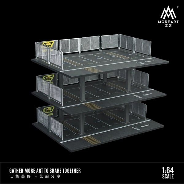 Hộp trưng bày mô phỏng bãi đỗ xe 3 tầng có hàng rào chứa 15 xe kích thước 30x20x18cm tỉ lệ 1:64 MoreArt MO921001