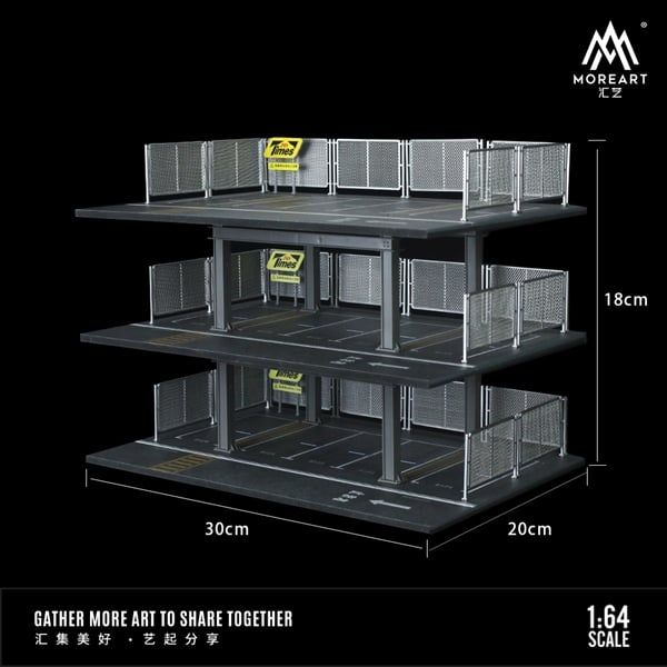 Hộp trưng bày mô phỏng bãi đỗ xe 3 tầng có hàng rào chứa 15 xe kích thước 30x20x18cm tỉ lệ 1:64 MoreArt MO921001