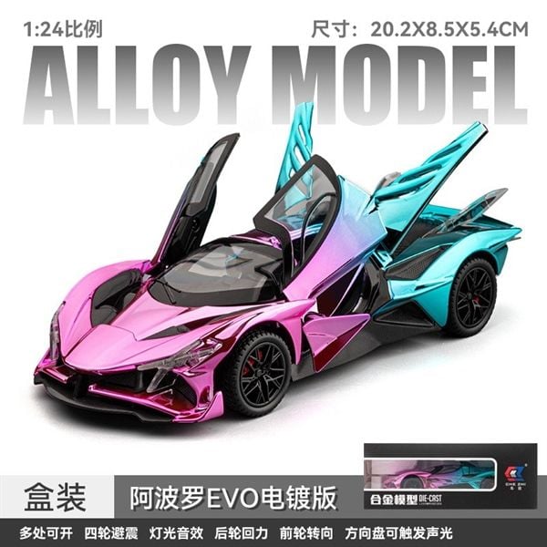 Mô hình xe Apollo Project EVO chrome version full open - full kính - có âm thanh - đèn tỉ lệ 1:24 Alloy model OT24078