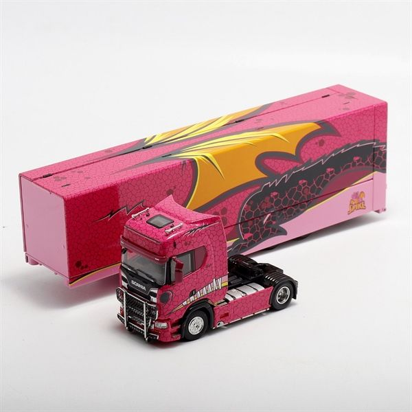 Mô hình xe Scania S730 V8 Double-Decker Closed Wing Transport Car Model Pink Roxy tỉ lệ 1:64 Maxwell OT64298