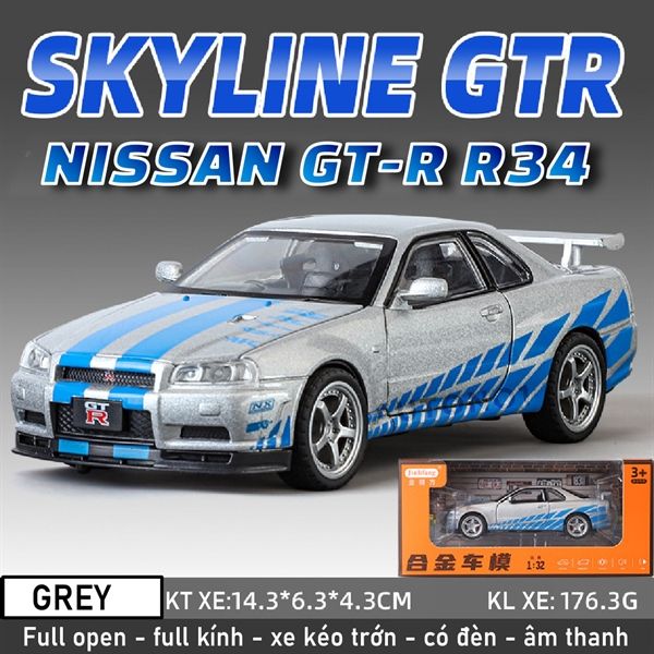 Mô hình xe ô tô Nissan GT-R R34 Fast & Furious full open - full kính - có đèn - âm thanh tỉ lệ 1:32 Jinlifiang OT574