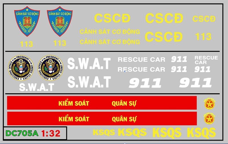  Decal nước cho xe chuyên dụng CSCĐ-SWAT-KSQS dán mọi nền màu cho xe mô hình tỉ lệ 1:32 DC705 