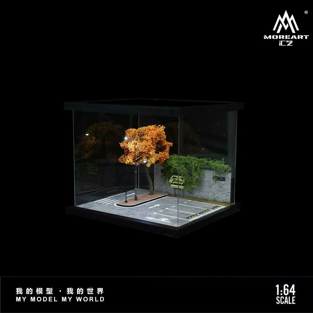 Hộp trưng bày mô phỏng bãi giữ xe có phụ kiện + đèn đường + có mica tỉ lệ 1:64 More Art MO960203