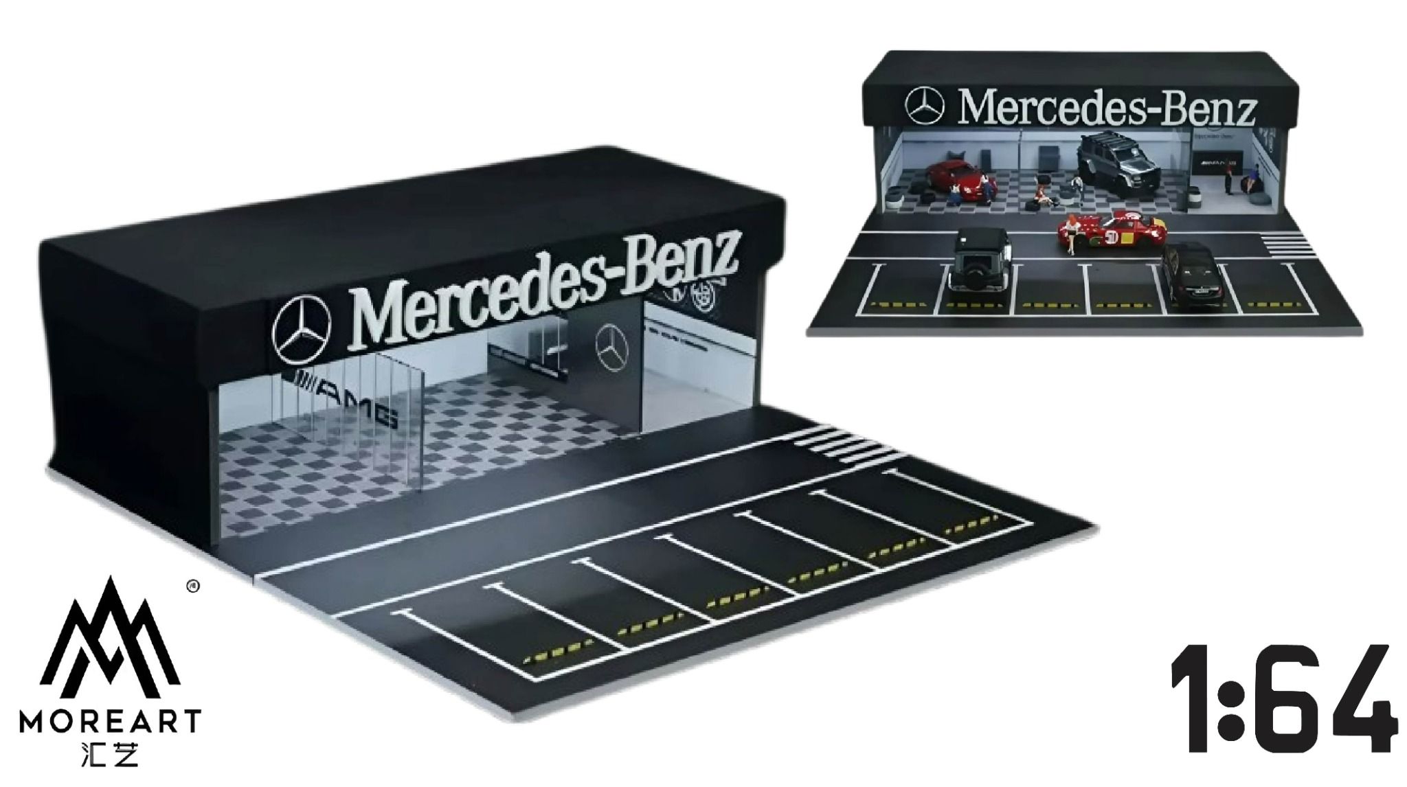 Hộp trưng bày mô phỏng showroom Mercedes-Benz có bãi đỗ xe có đèn kích thước 30x30x10cm tỉ lệ 1:64 MoreArt MO936108
