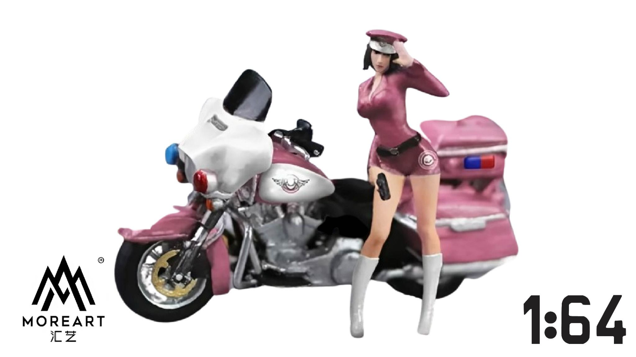 Mô hình nhân vật nữ Police và xe Harley Cruiser Motorcycle Pink tỉ lệ 1:64 MoreArt MO222093