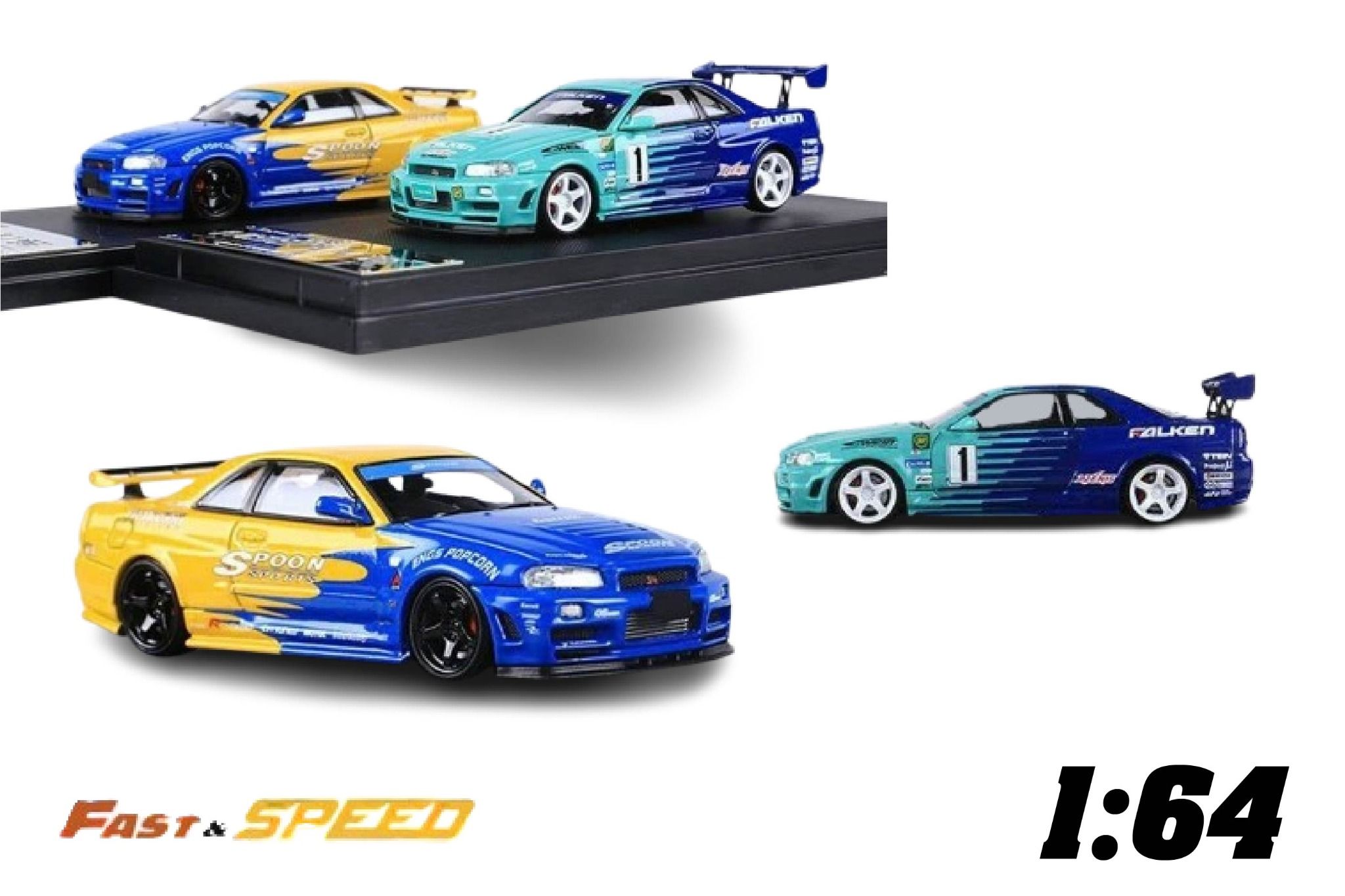 Mô hình xe Nissan Skyline GTR R34 Spoon/Falken painted có hộp mica tỉ lệ 1:64 Fast Speed FS-R34-6