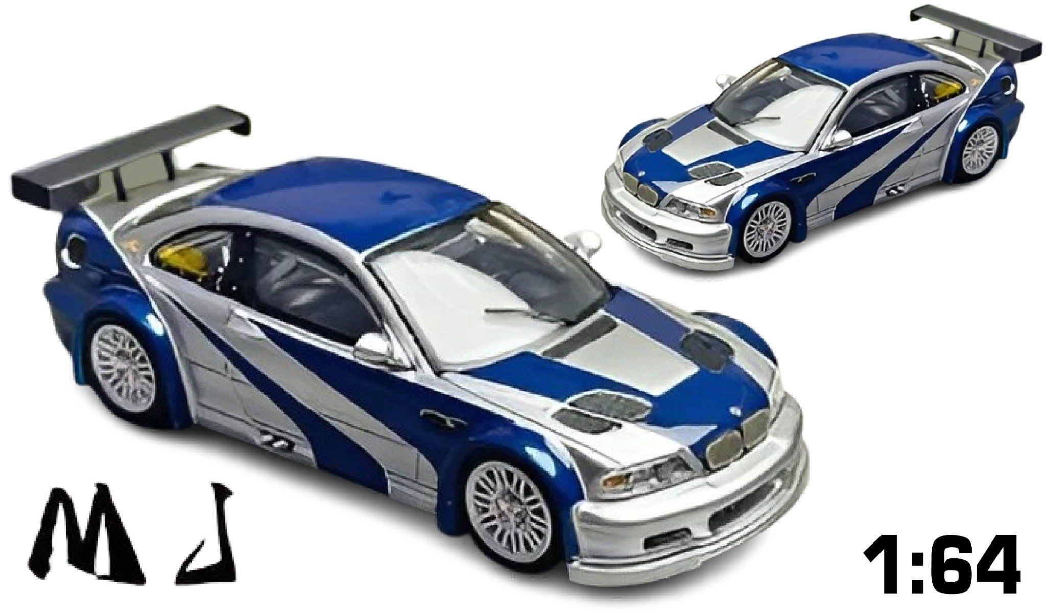 Mô hình xe BMW M3 E46 GTR NFS Silverblue Livery mở được capo tỉ lệ 1:64 MJ model OT64409