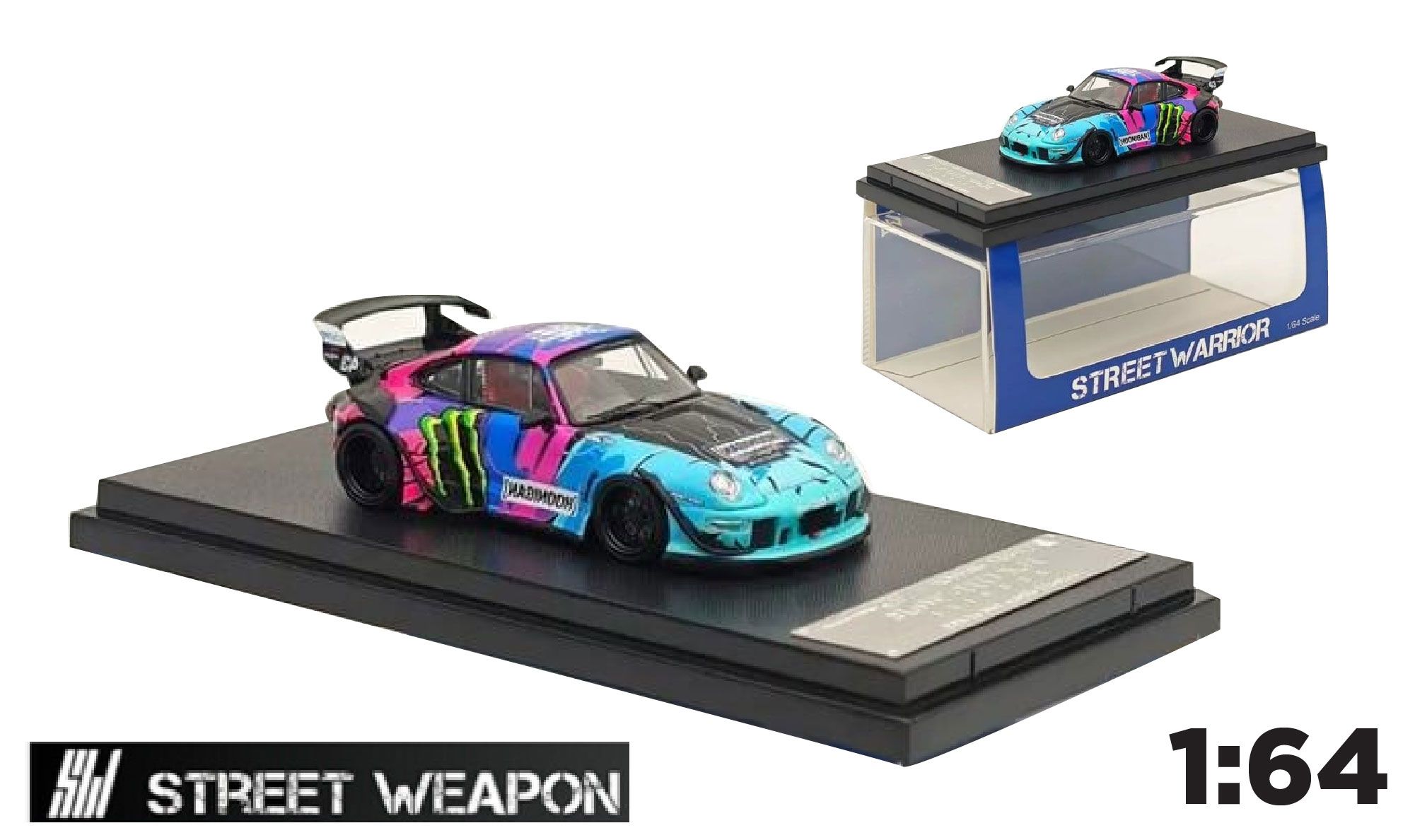 Mô hình xe Porsche 993 RWB Monster Energy Pink black tỉ lệ 1:64 Street weapon OT64079