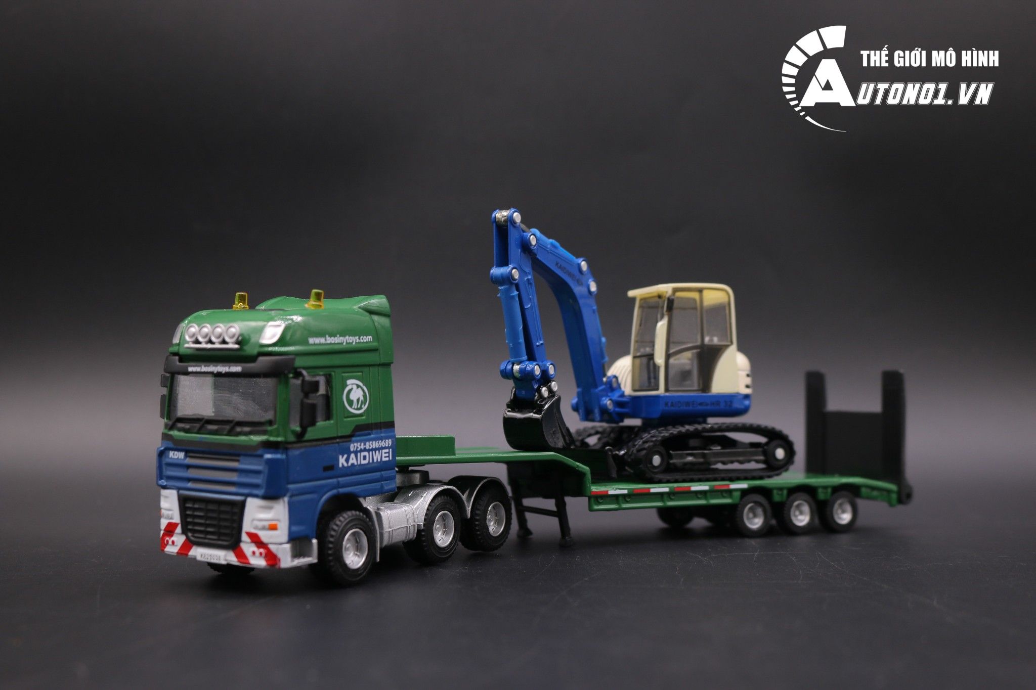 Mô hình xe tải đầu kéo chở xe xúc 1:50 kaidiwei 4187