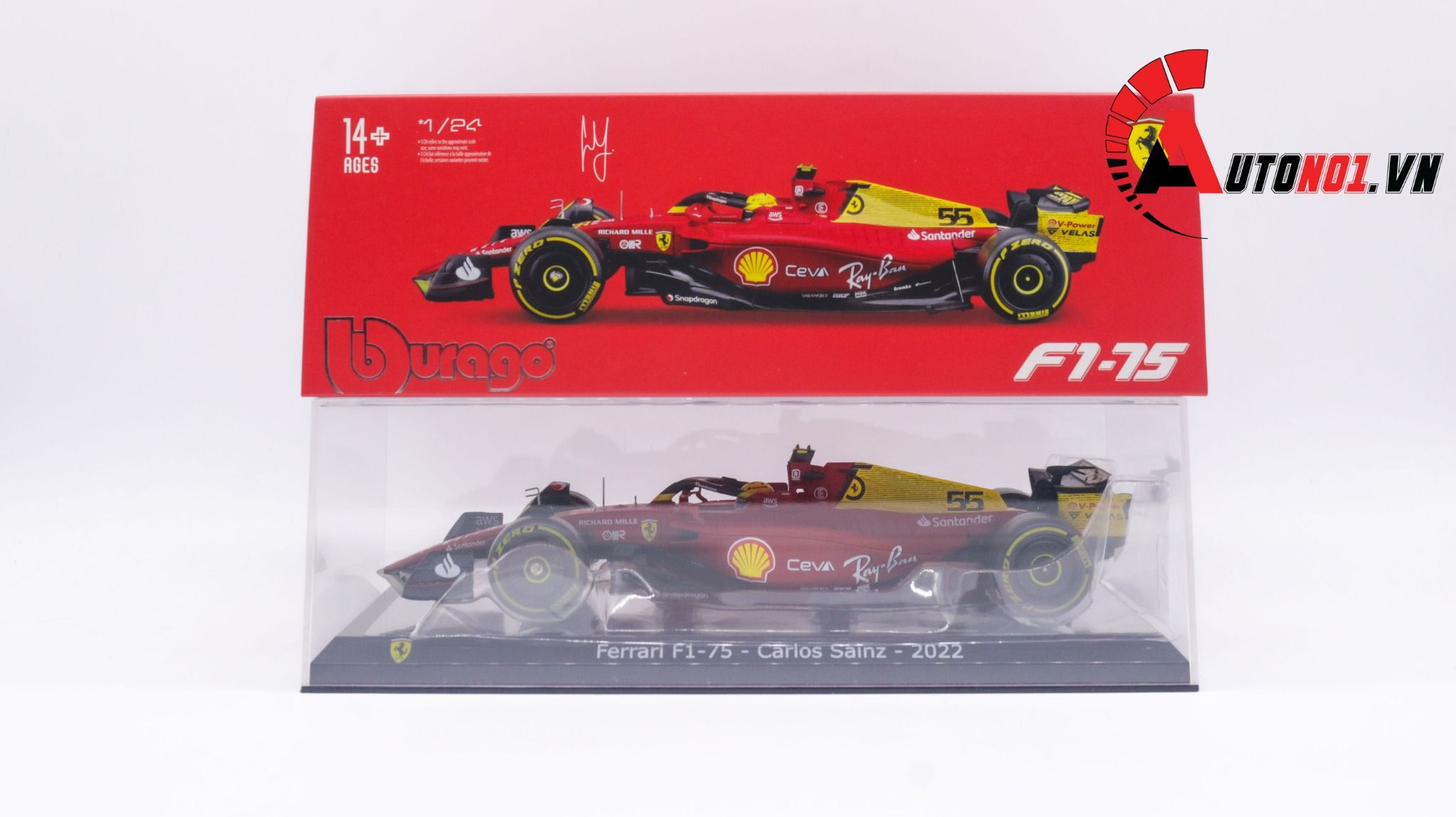 Mô hình xe đua F1-75th Anniversary Version Ferrari 2022 hộp mica có figure tỉ lệ 1:24 Bburago OT178