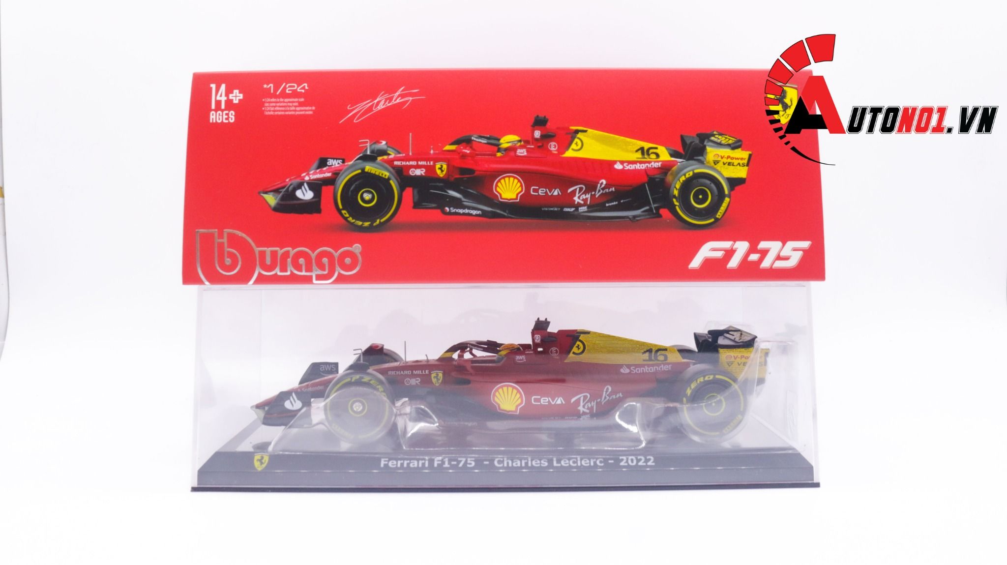 Mô hình xe đua F1-75th Anniversary Version Ferrari 2022 hộp mica có figure tỉ lệ 1:24 Bburago OT178