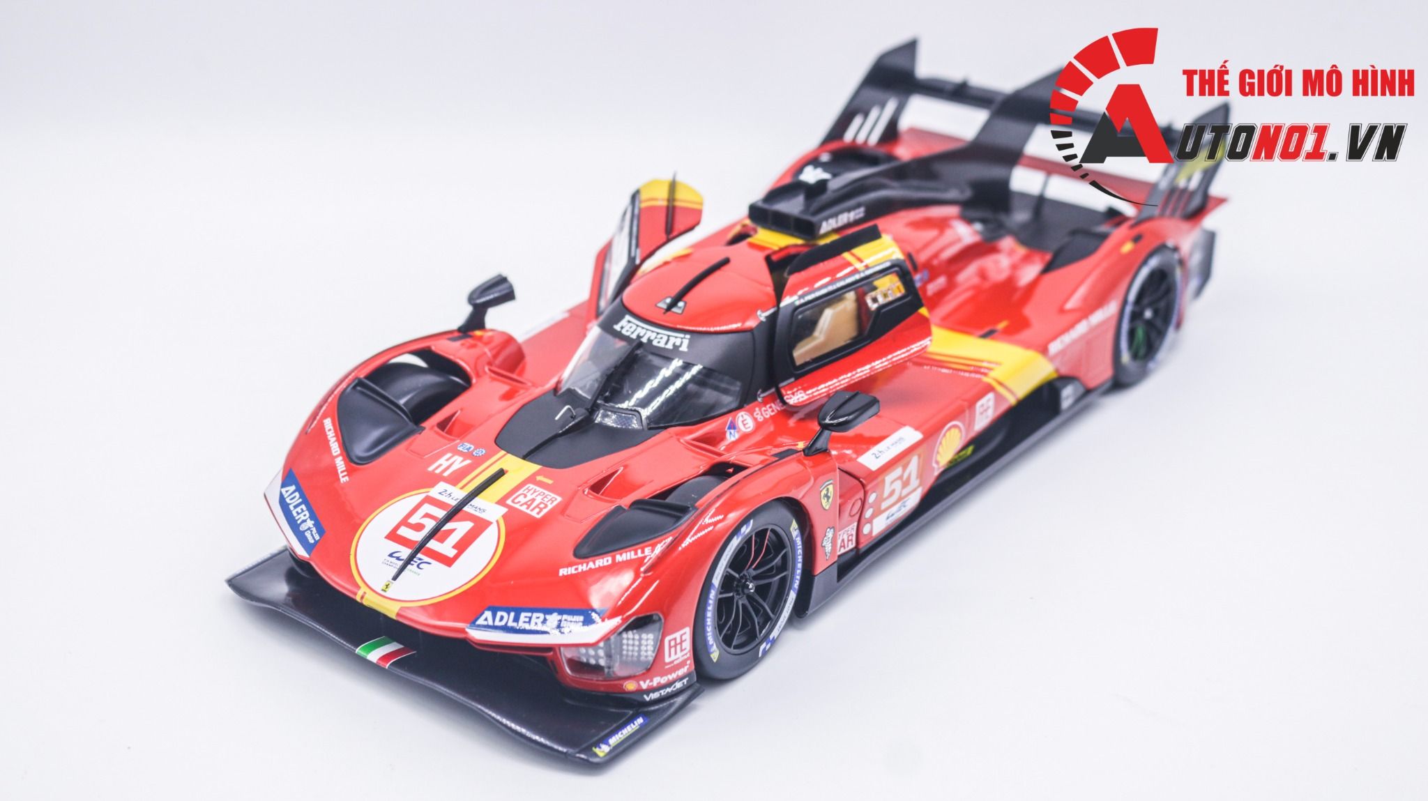 Mô hình xe Ferrari 499P 3.0L turbo V6 team Ferrari Corse #50 - #51 24h Le Mans 2023 18-16301 (#50) tỉ lệ 1:18 Bburago OT374