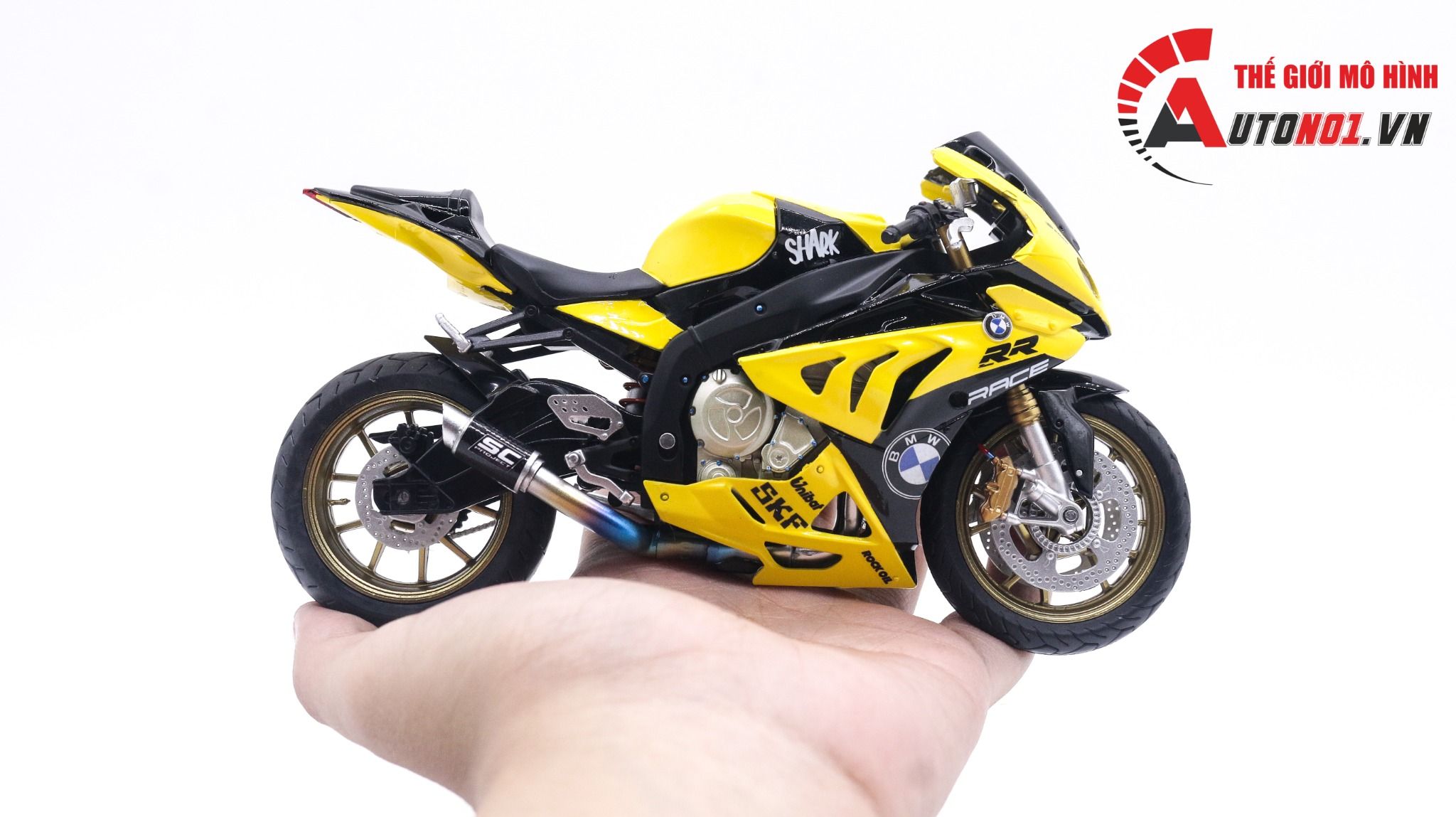  Mô hình xe độ BMW S1000RR Cá Mập vàng độ mâm - độ pô tỉ lệ 1:12 Autono1 Joycity D022G 