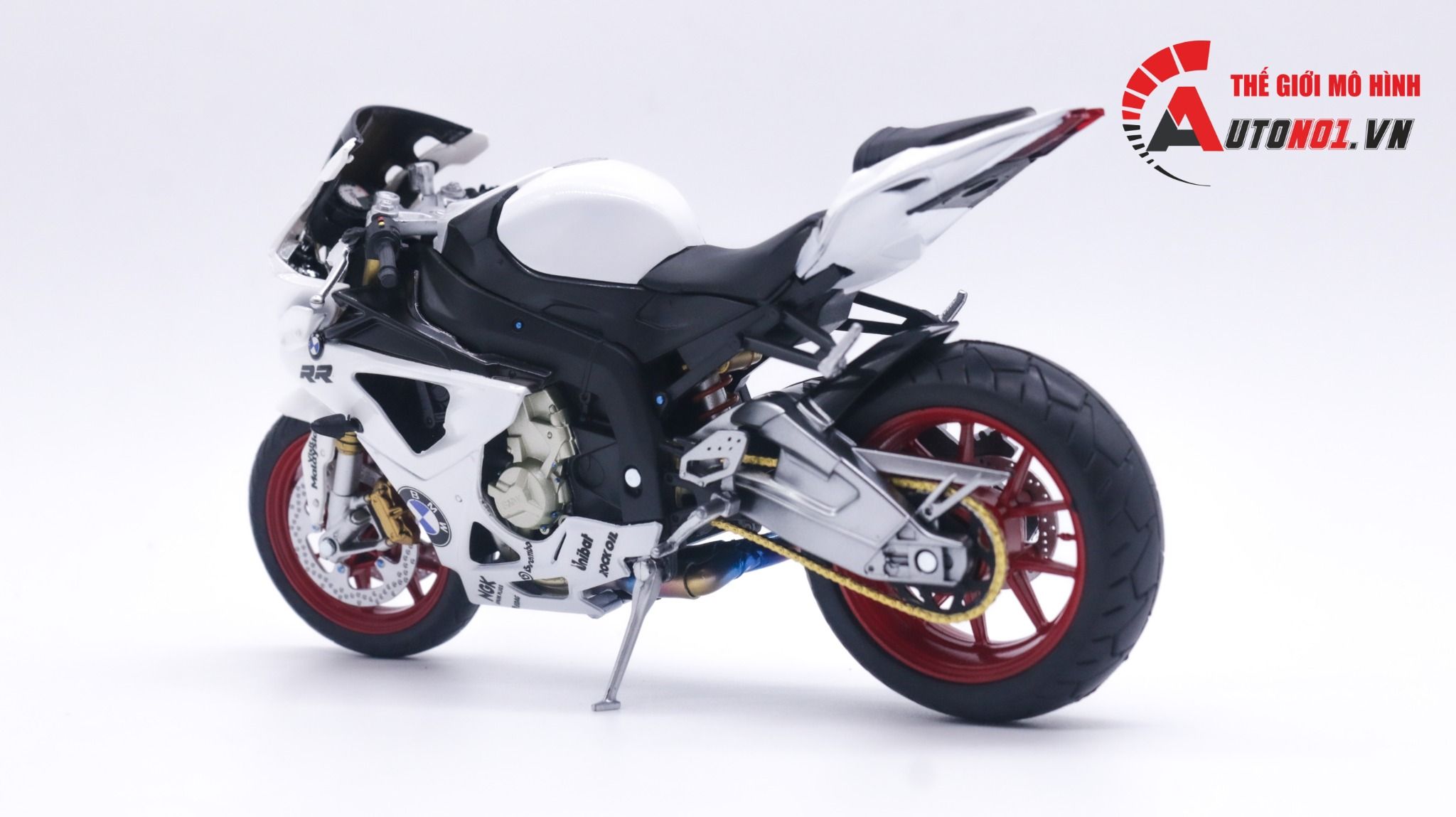 Mô hình xe độ BMW S1000RR white độ pô, độ mâm 1:12 Autono1 Joycity D022J