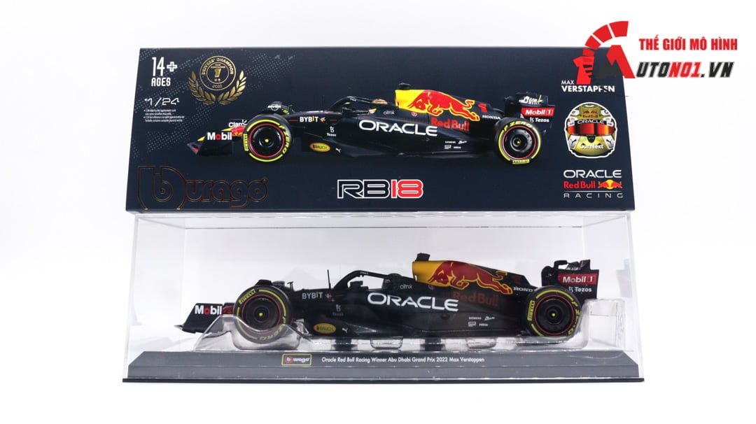  Mô hình xe đua F1 Oracle Red Bull racing 2022 RB18 hộp mica có figure 1:24 Bburago OT061 