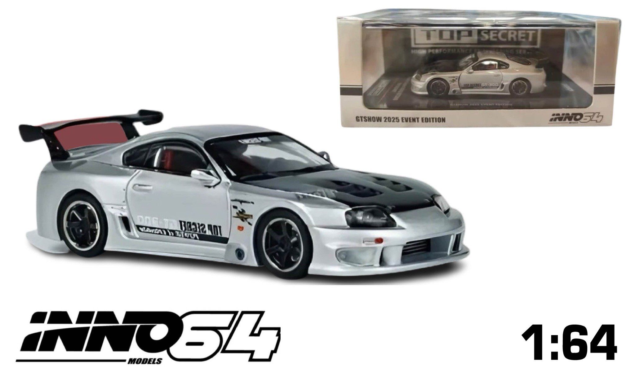 Mô hình xe TOYOTA SUPRA (A80) GT300 “TOP SECRET” SILVER | 2025 CHINA GT SHOW tỉ lệ 1:64 Inno64 IN64-A80TS-GTSHOW25
