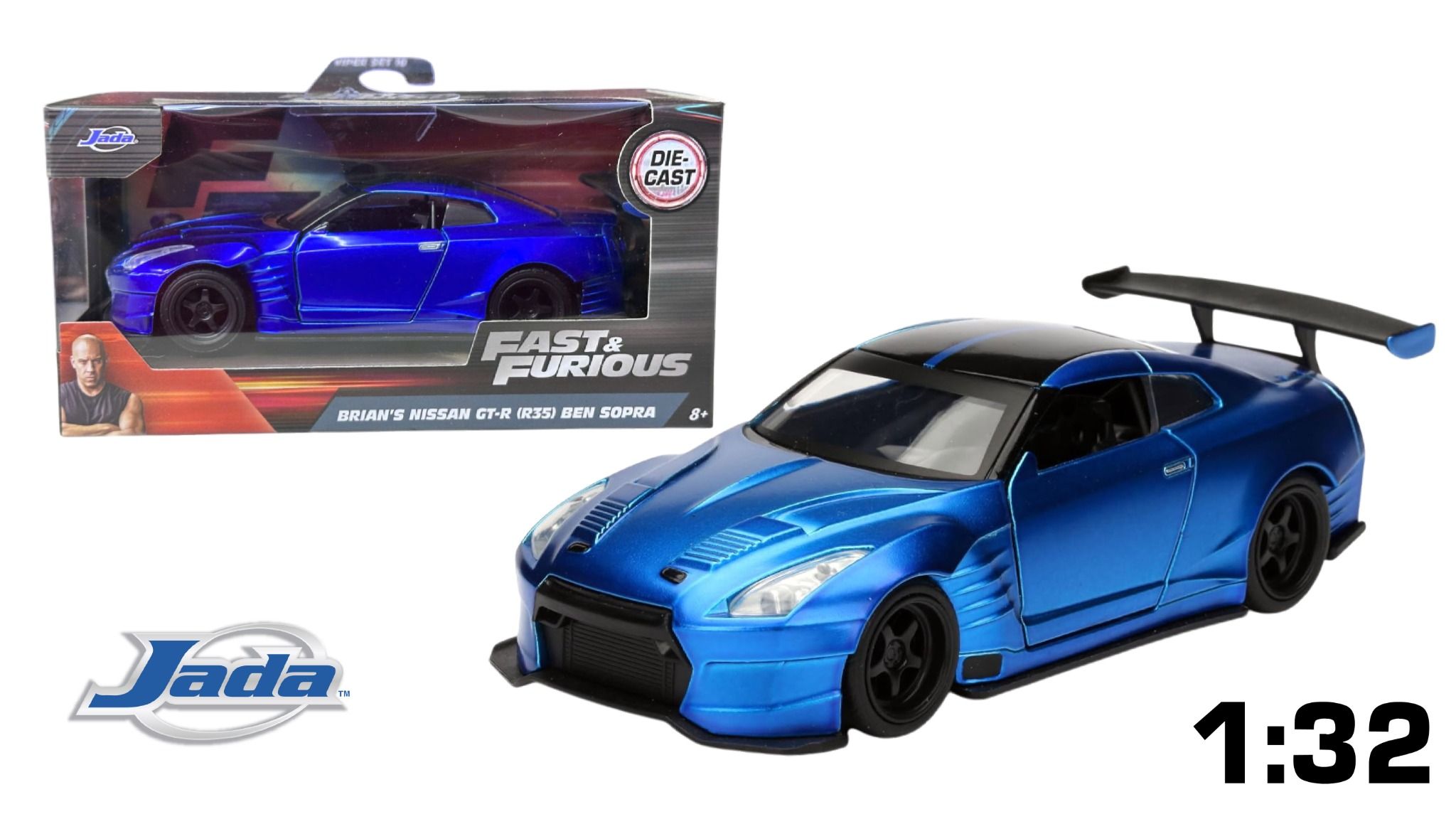 Mô hình xe Brian's Nissan GT R R35 Blue Ben Sopra Fast & Furious 1995 tỉ lệ 1:32 Jada 24075