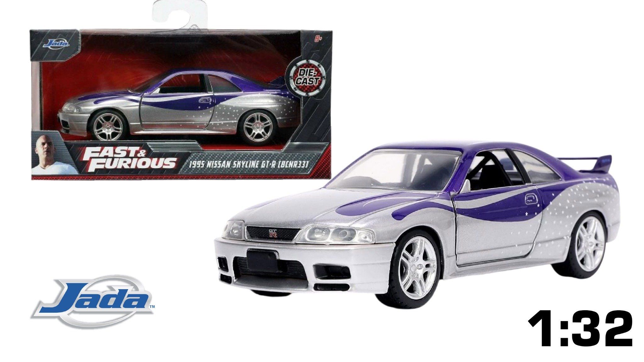Mô hình xe Nissan Skyline GT-R BCNR33 1995 Candy Silver/Purple Fast & Furious tỉ lệ 1:32 Jada 24075