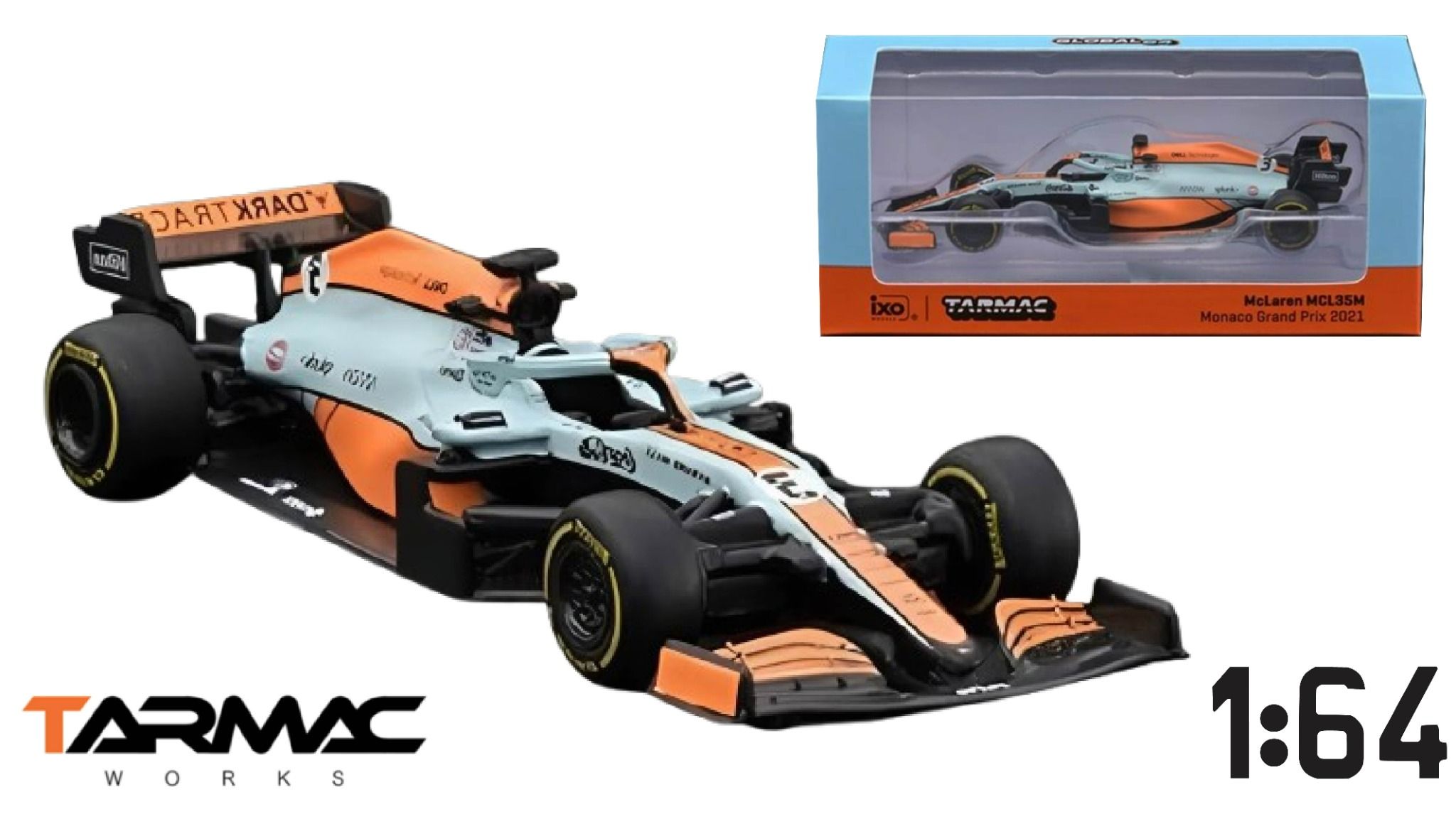 Mô hình xe F1 McLaren MCL35M Monaco Grand Prix 2021 Daniel Ricciardo tỉ lệ 1:64 Tarmac Works T64G-F040-DR1