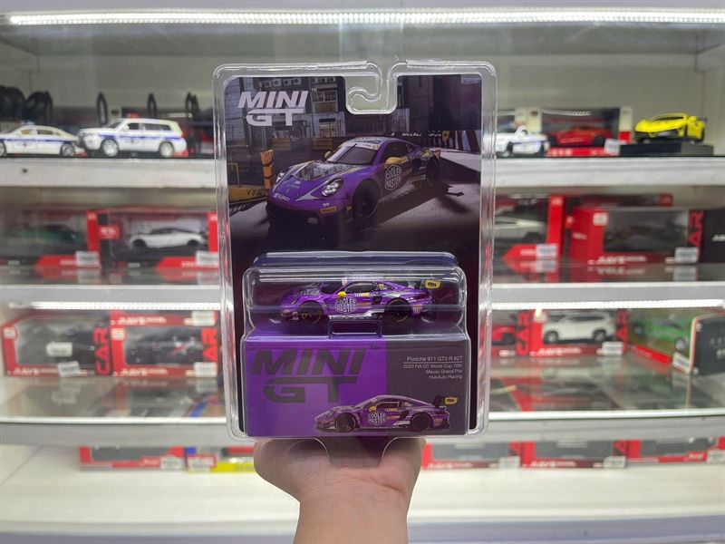 Mô hình xe Porsche 911 GT3 R #27 HubAuto Racing 2023 FIA GT World Cup 70th Macau Grand Prix bản card tỉ lệ 1:64 MiniGT MGT00793-BL