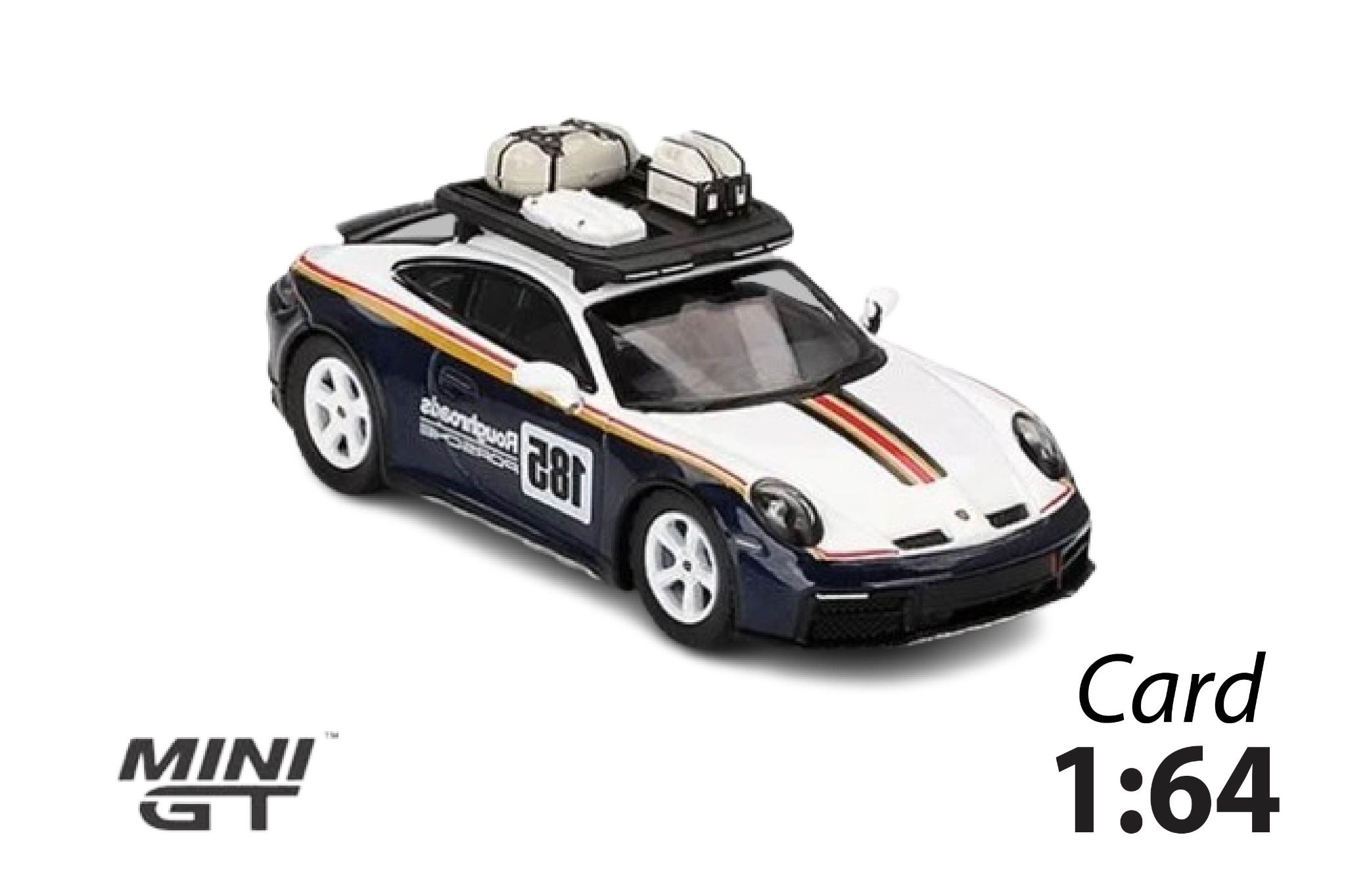 Mô hình xe Porsche 911 Dakar Rallye Design Package White/Gentian Blue Metallic bản card tỉ lệ 1:64 MiniGT MGT00805