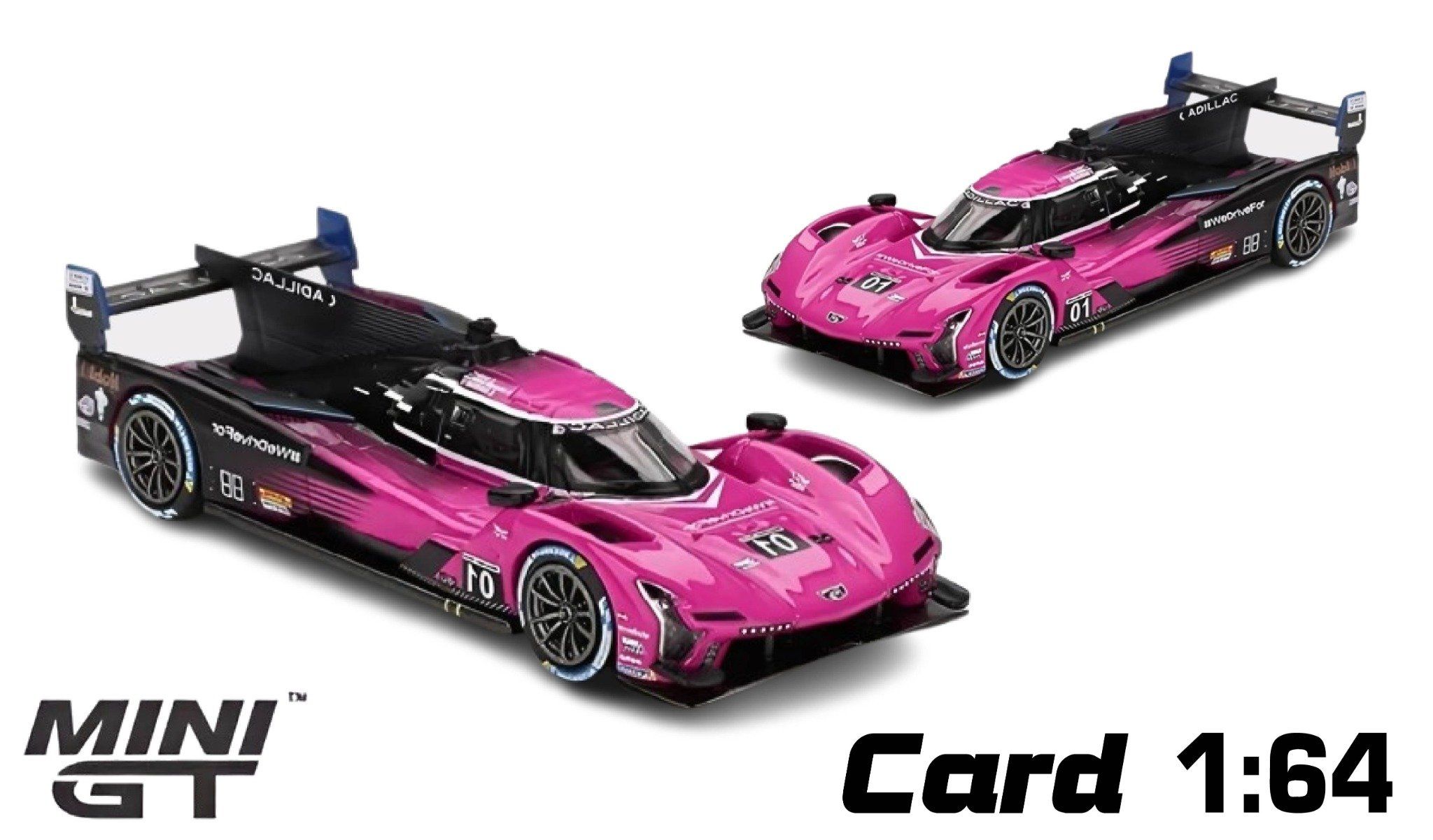 Mô hình xe Cadillac V-Series.R #01 Cadillac Racing 2024 IMSA Petit Le Mans Winner bản Card tỉ lệ 1:64 MiniGT MGT01010