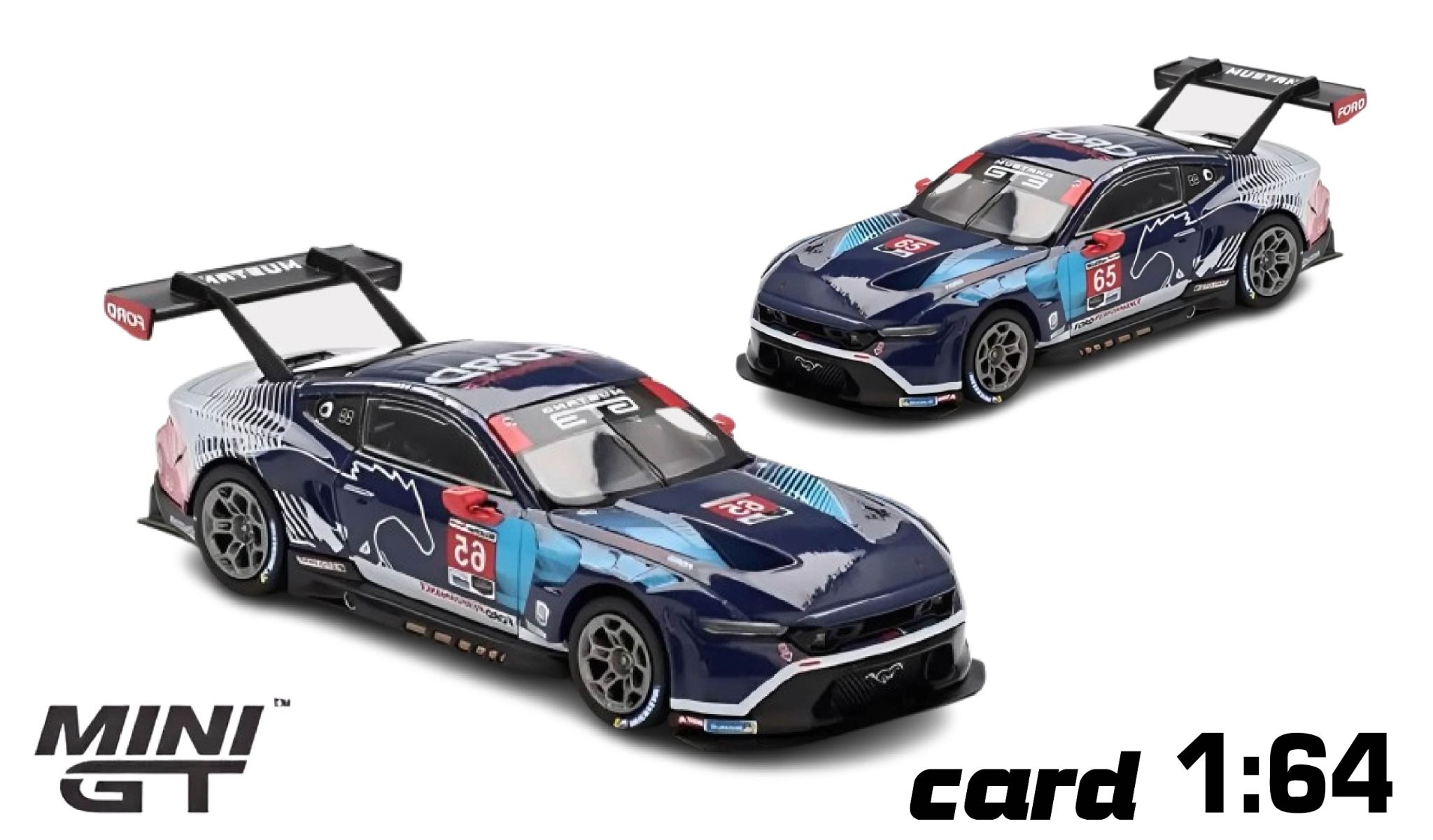 Mô hình xe Ford Mustang GT3 #65 Ford Multimatic Motorsports 2024IMSA Daytona 24 Hrs bản Card tỉ lệ 1:64 MiniGT MGT01012