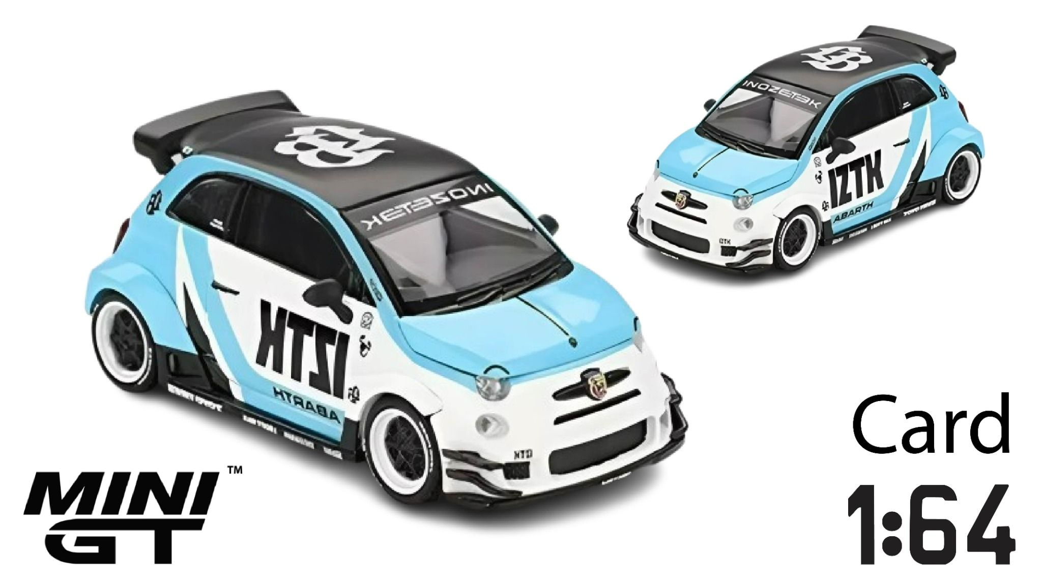 Mô hình xe Abarth 595 LB-WORKS x Abas Works IZTK card tỉ lệ 1:64 MiniGT MGT01051-BL