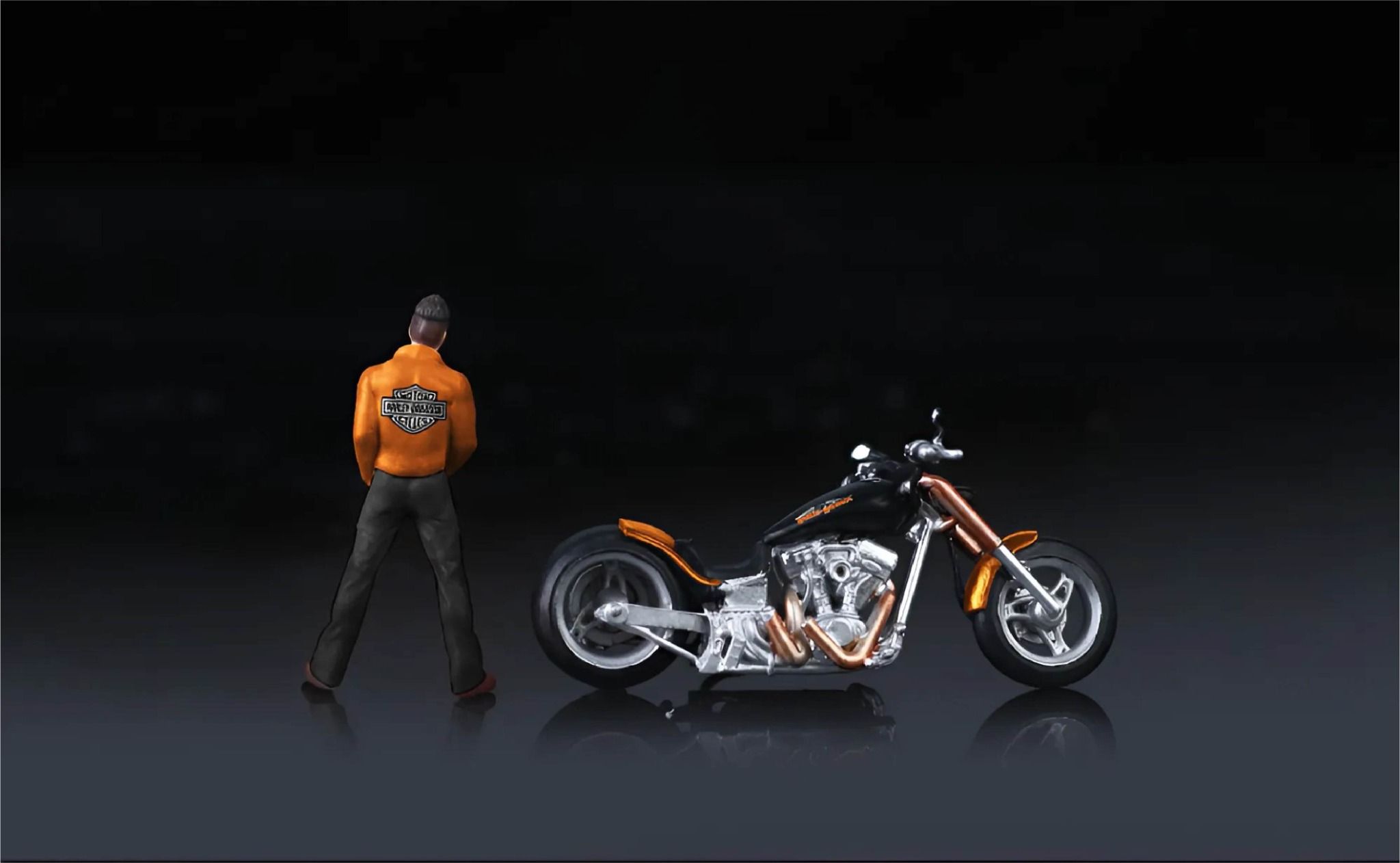 Mô hình nhân vật và mô tô Harley-Davidson Black and Orange Motorcycle Doll tỉ lệ 1:64 More Art MO222127