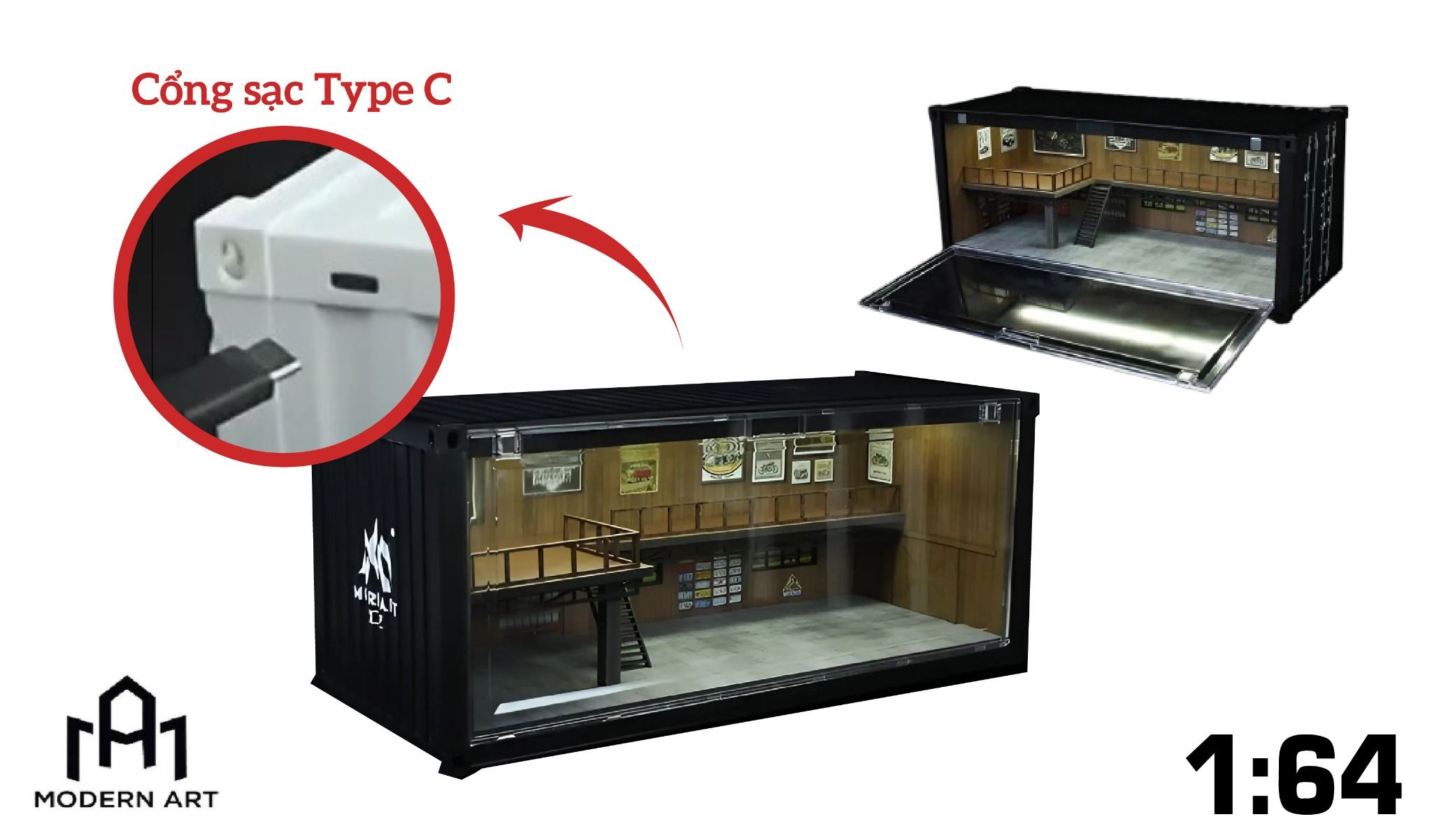 Hộp trưng bày mô phỏng nhà kho có tầng - Container Repair Shop Scene có đèn kích thước 38.7 x 16 x 16.4cm tỉ lệ 1:64 More Art MO400205