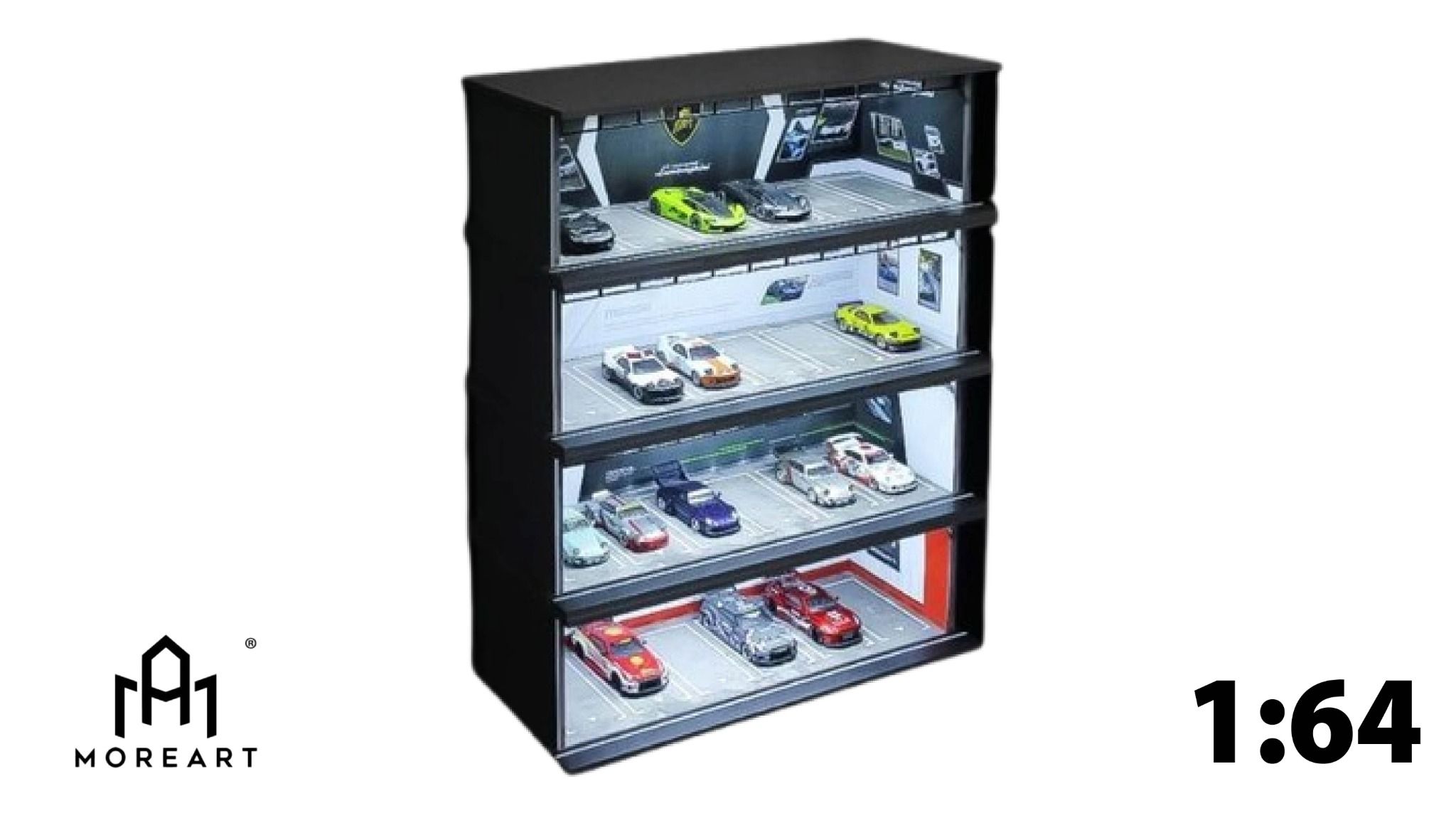 Hộp trưng bày mica mô phỏng bãi đỗ xe LAMBORGHINI kích thước 30x13.3x10cm tỉ lệ 1:64 MoreArt MO914005