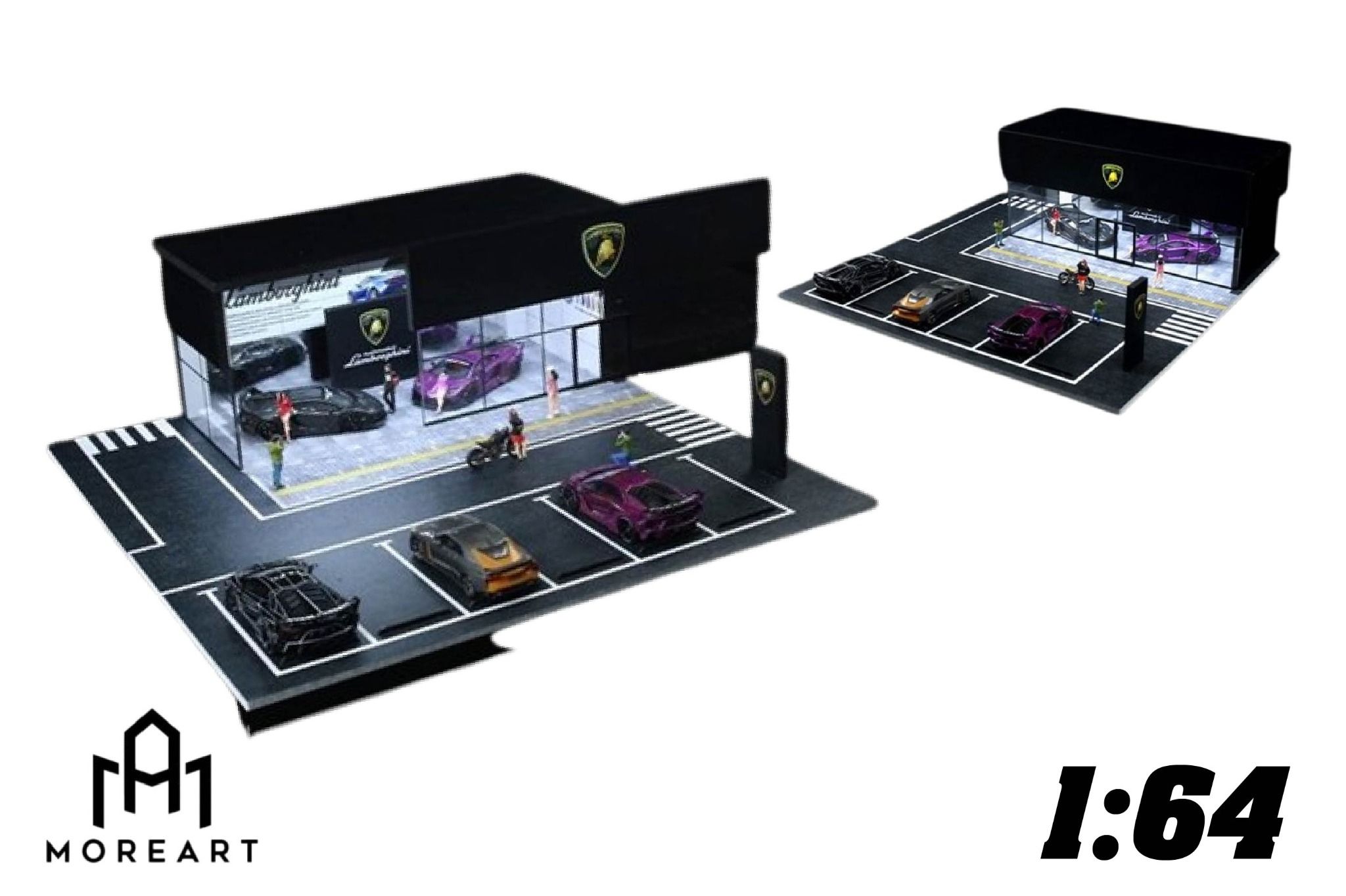 Hộp trưng bày mica mô phỏng showroom Lamborghini có đèn + bãi đỗ xe kích thước 30x30x10cm tỉ lệ 1:64 MoreArt MO936001