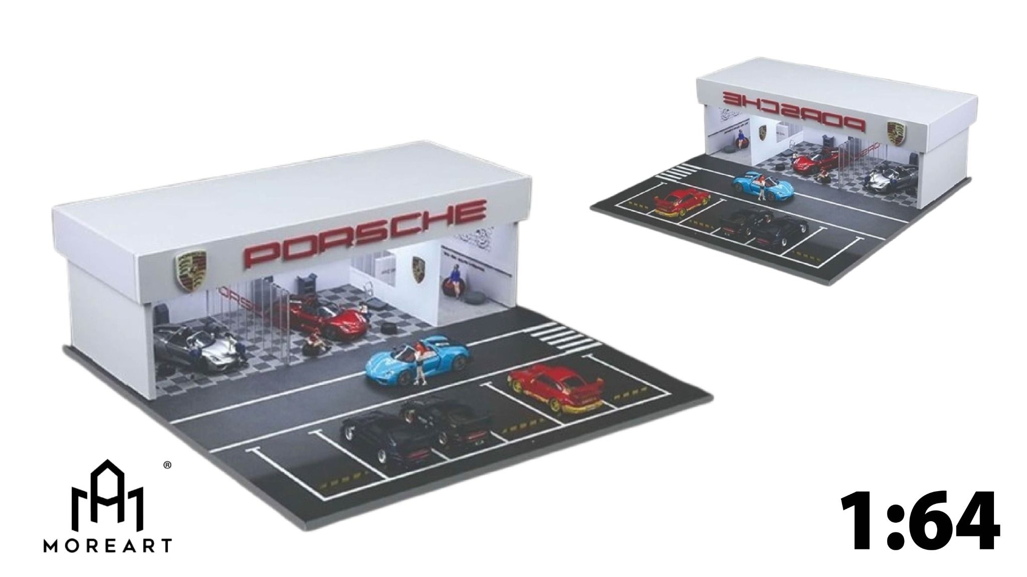 Hộp trưng bày mô phỏng showroom Porsche + bãi đỗ xe có đèn kích thước 30x30x10cm tỉ lệ 1:64 MoreArt MO936106