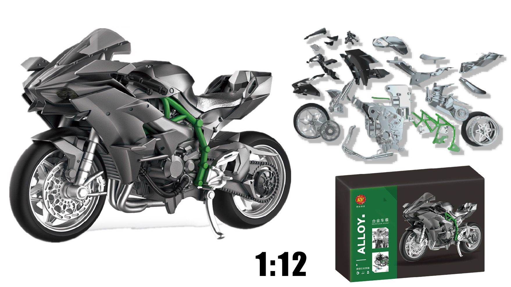  Mô hình xe lắp ráp Kawasaki H2R hợp kim có âm thanh có đèn 1:12 Alloy Model MT033 