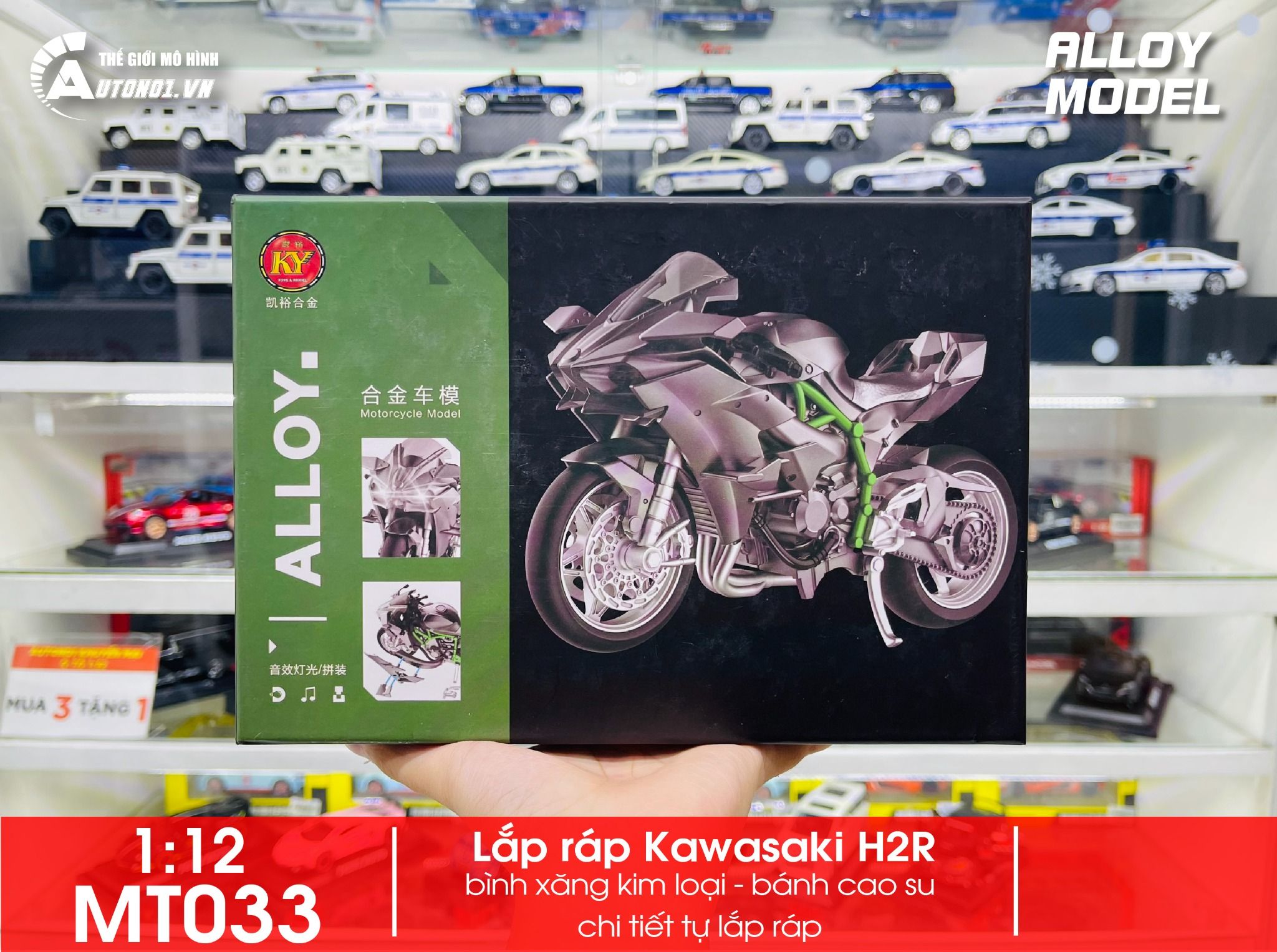Mô hình xe lắp ráp Kawasaki H2R hợp kim có âm thanh có đèn 1:12 Alloy Model MT033