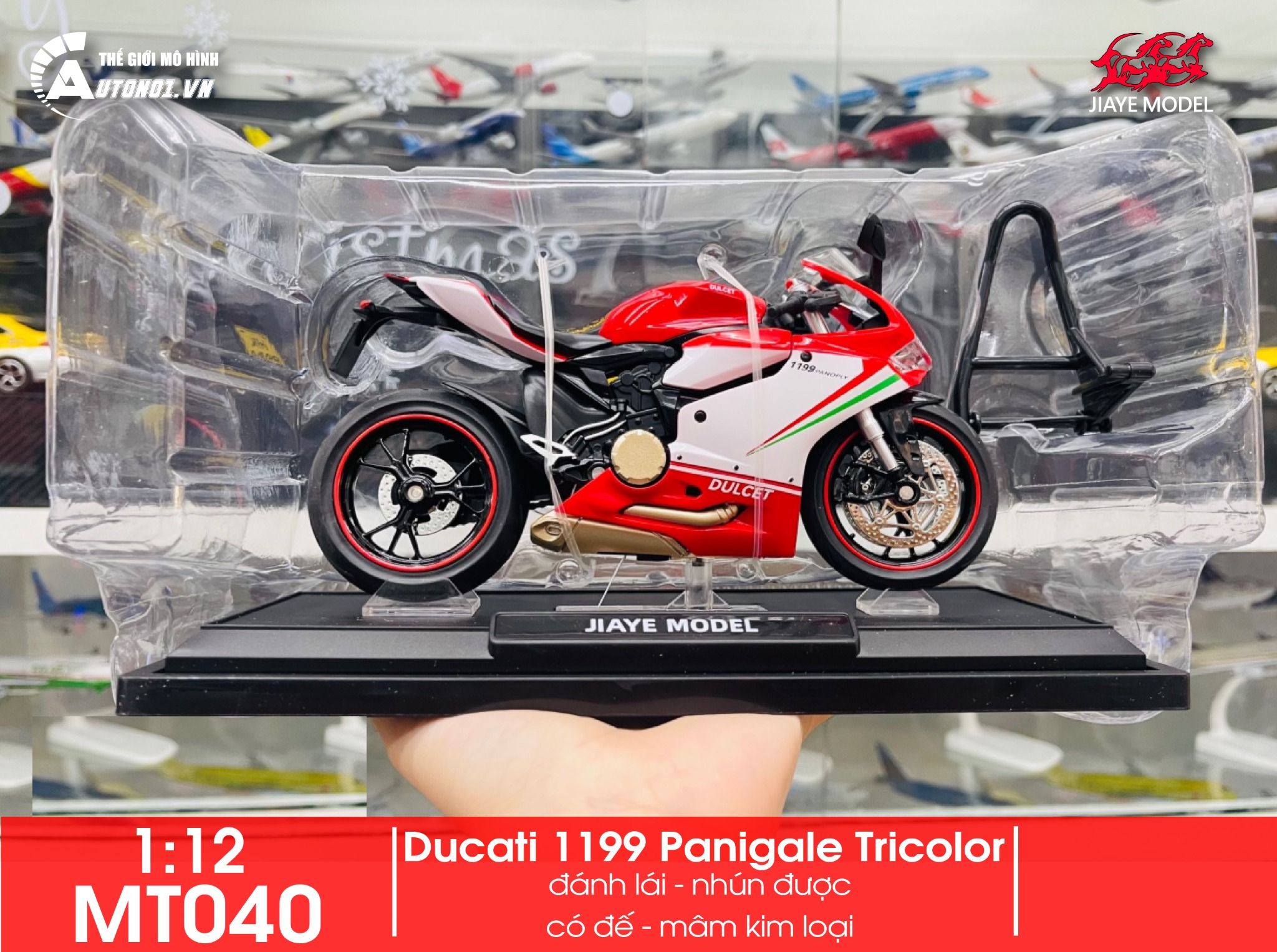 Mô hình xe Ducati 1199 panigale tricolor có đế có ben nâng 1:12 Jiaye Model MT040