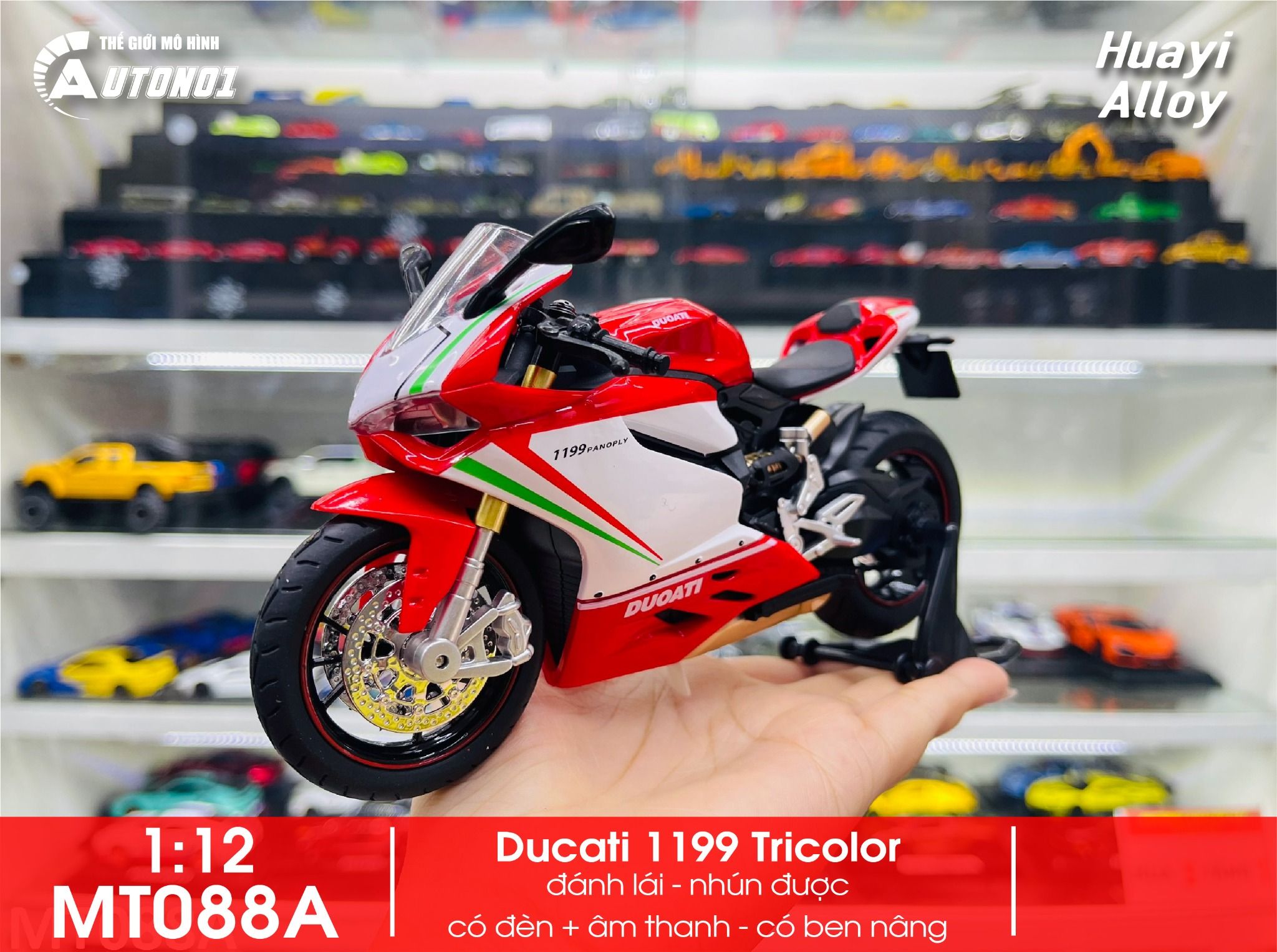 Mô hình xe mô tô Ducati Final Edition - 1199 tricolor có ben nâng - đèn - âm thanh tỉ lệ 1:12 Huayi Alloy MT088