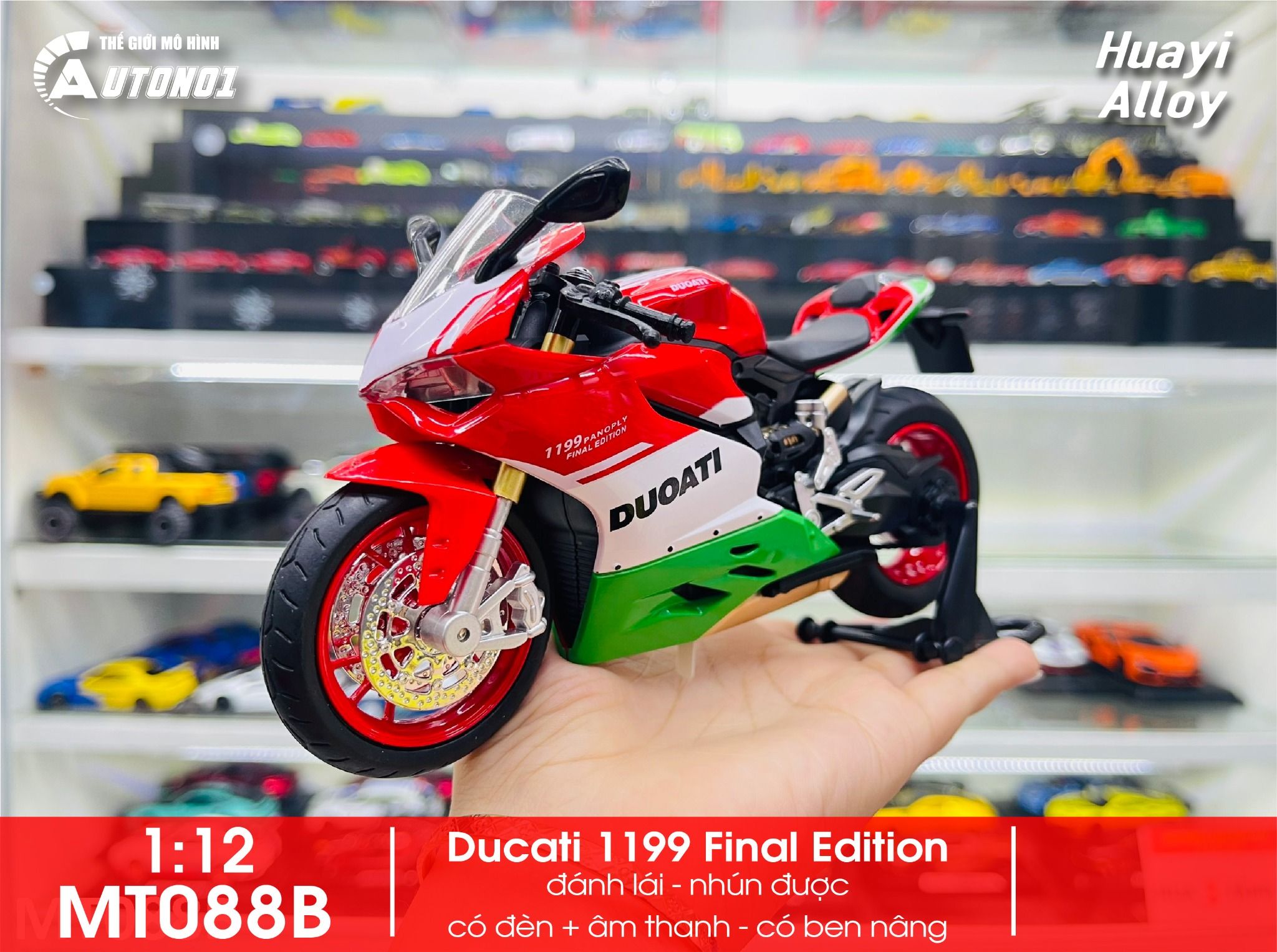 Mô hình xe mô tô Ducati Final Edition - 1199 tricolor có ben nâng - đèn - âm thanh tỉ lệ 1:12 Huayi Alloy MT088
