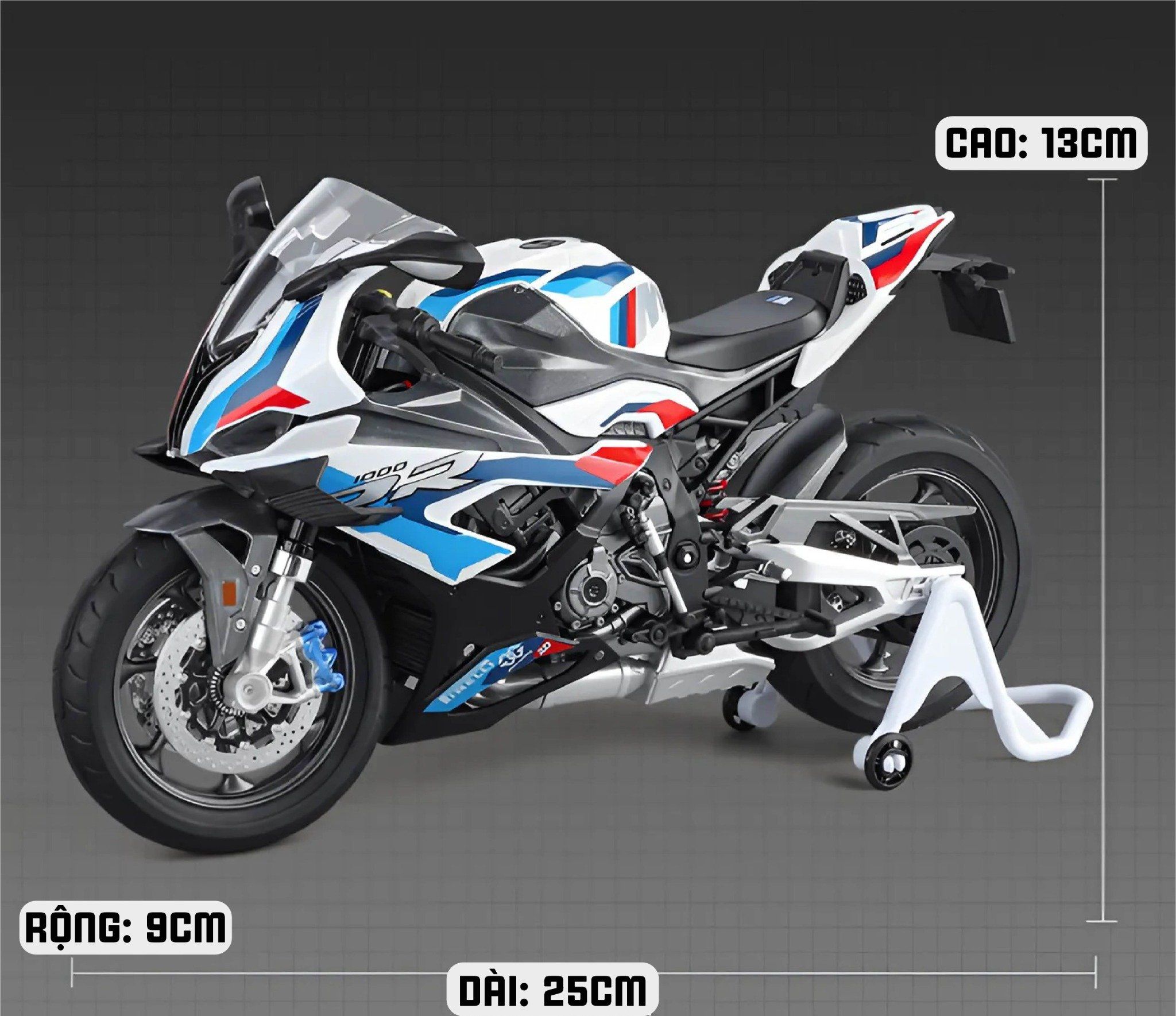Mô hình xe BMW M1000RR có ben nâng - âm thanh - đèn - nhún được tỉ lệ 1:9 Huayi Alloy MT09006