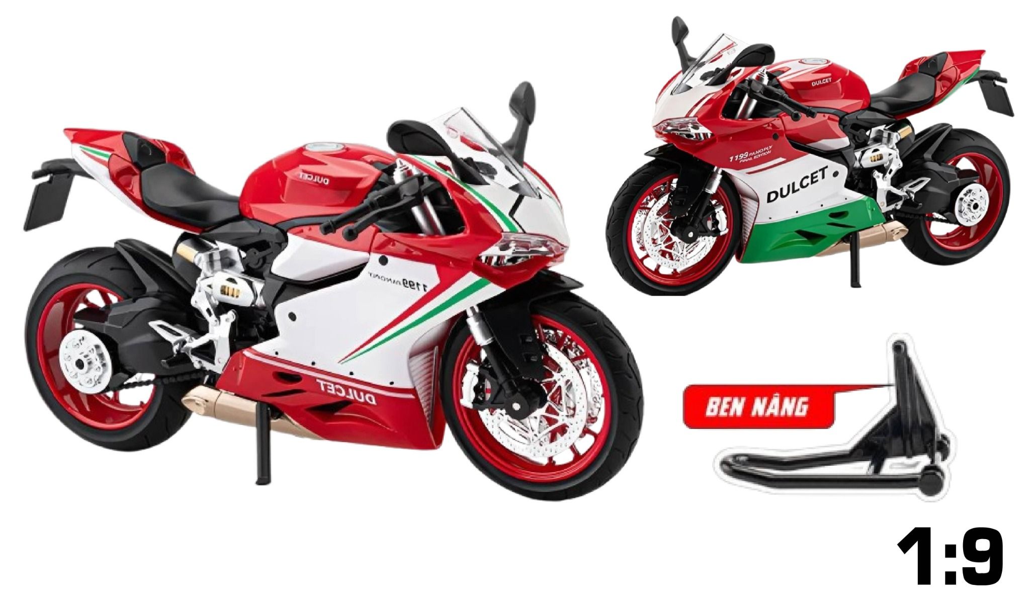 Mô hình xe Ducati 1199 đi kèm ben nâng - có phuộc nhún trước và sau - có đèn và âm thanh tỉ lệ 1:9 Alloy model MT09009