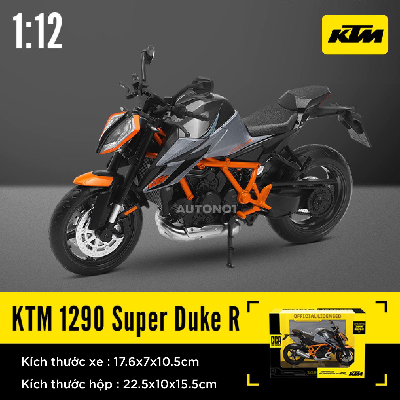 Mô hình xe KTM 1290 Super Duke R có đế tỉ lệ 1:12 CCA MT12006