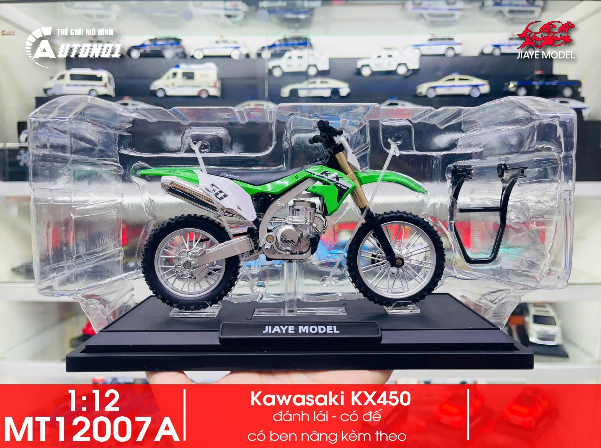 Mô hình xe cào cào Kawasaki KX450 tỉ lệ 1:12 Jiaye Model MT12007