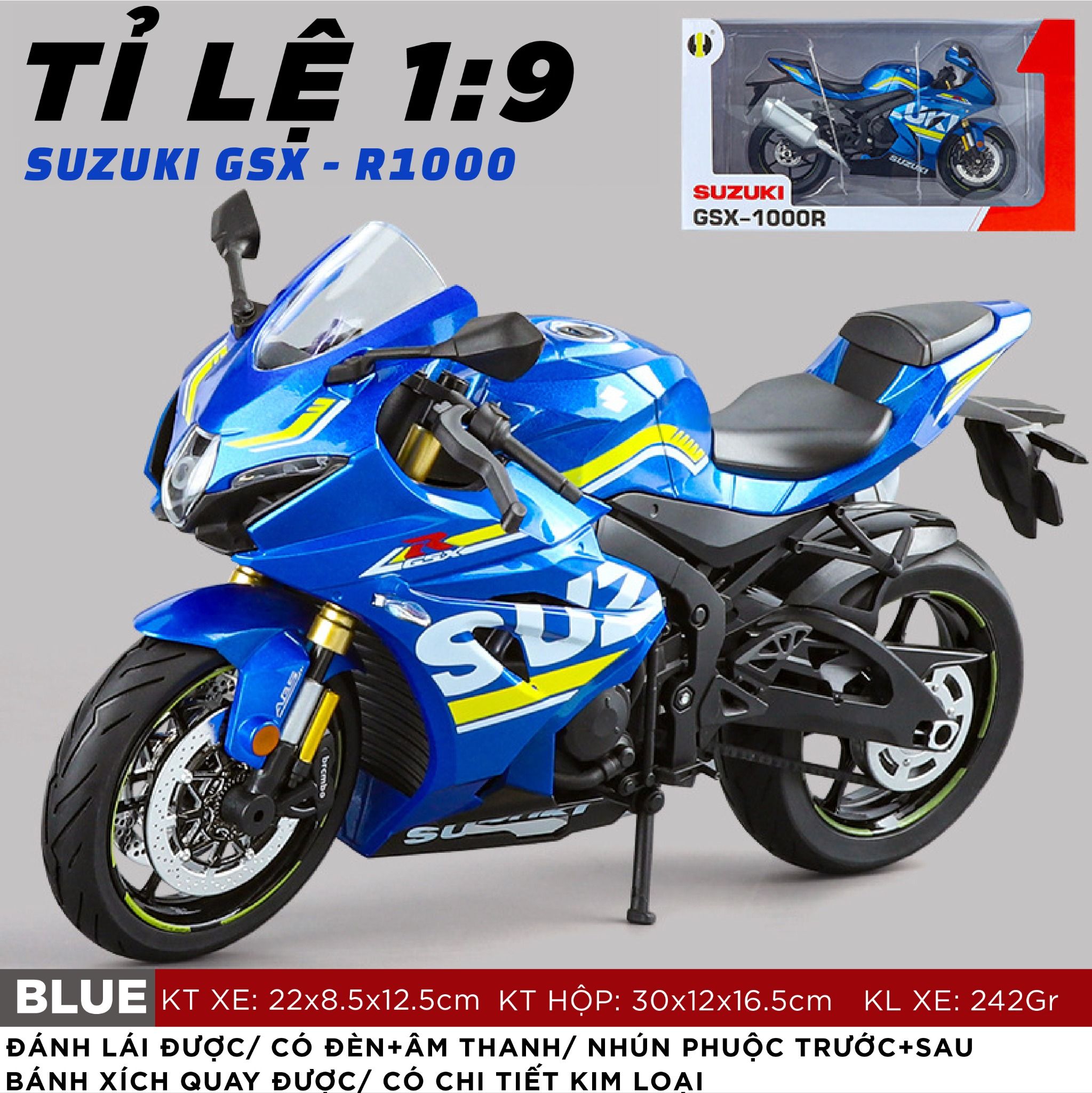 Mô hình xe Suzuki GSX-R1000 có đèn - âm thanh - phuộc nhún được tỉ lệ 1:9 Huayi Alloy MT09003