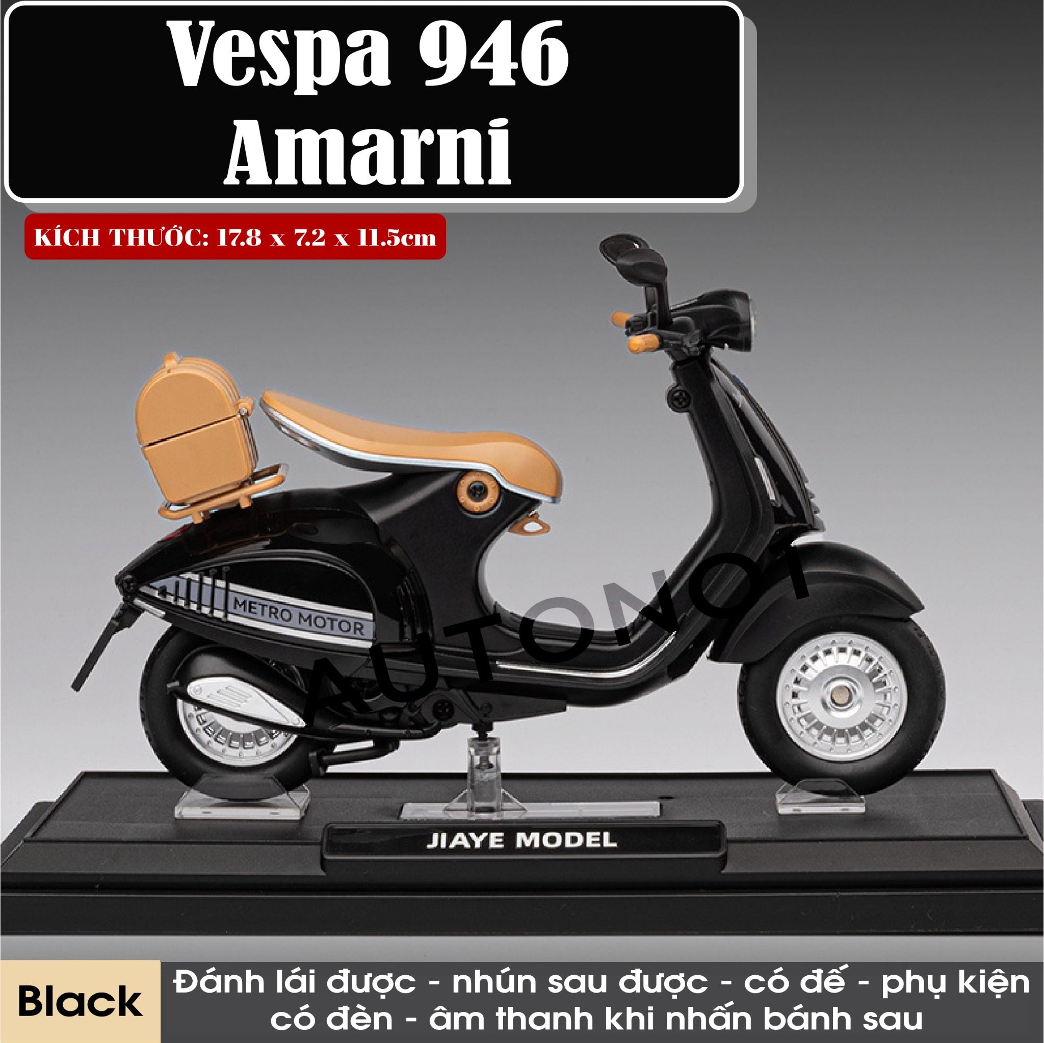 Mô hình xe Vespa 946 có đế - âm thanh - đèn tỉ lệ 1:12 Jiaye model MT12014