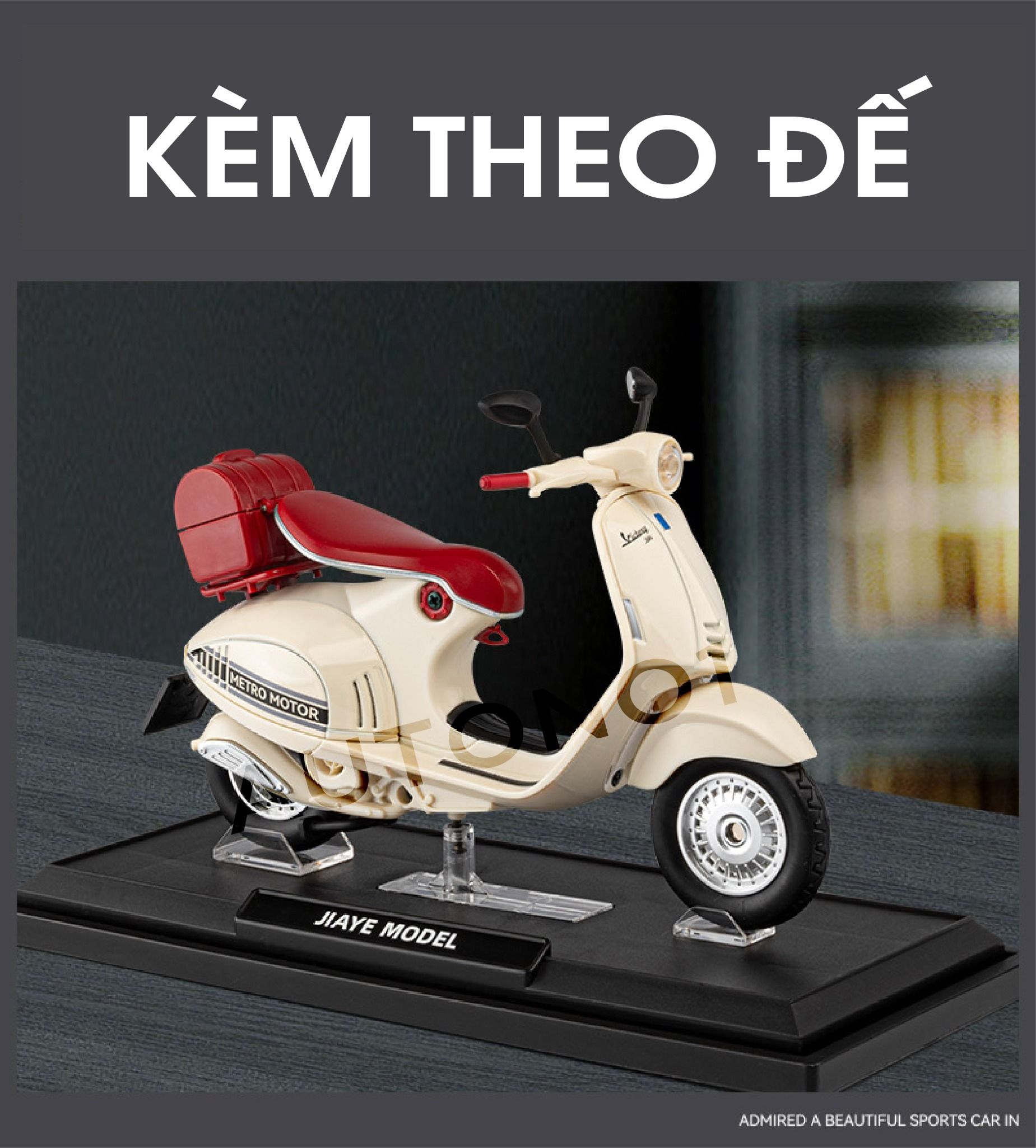 Mô hình xe Vespa 946 có đế - âm thanh - đèn tỉ lệ 1:12 Jiaye model MT12014