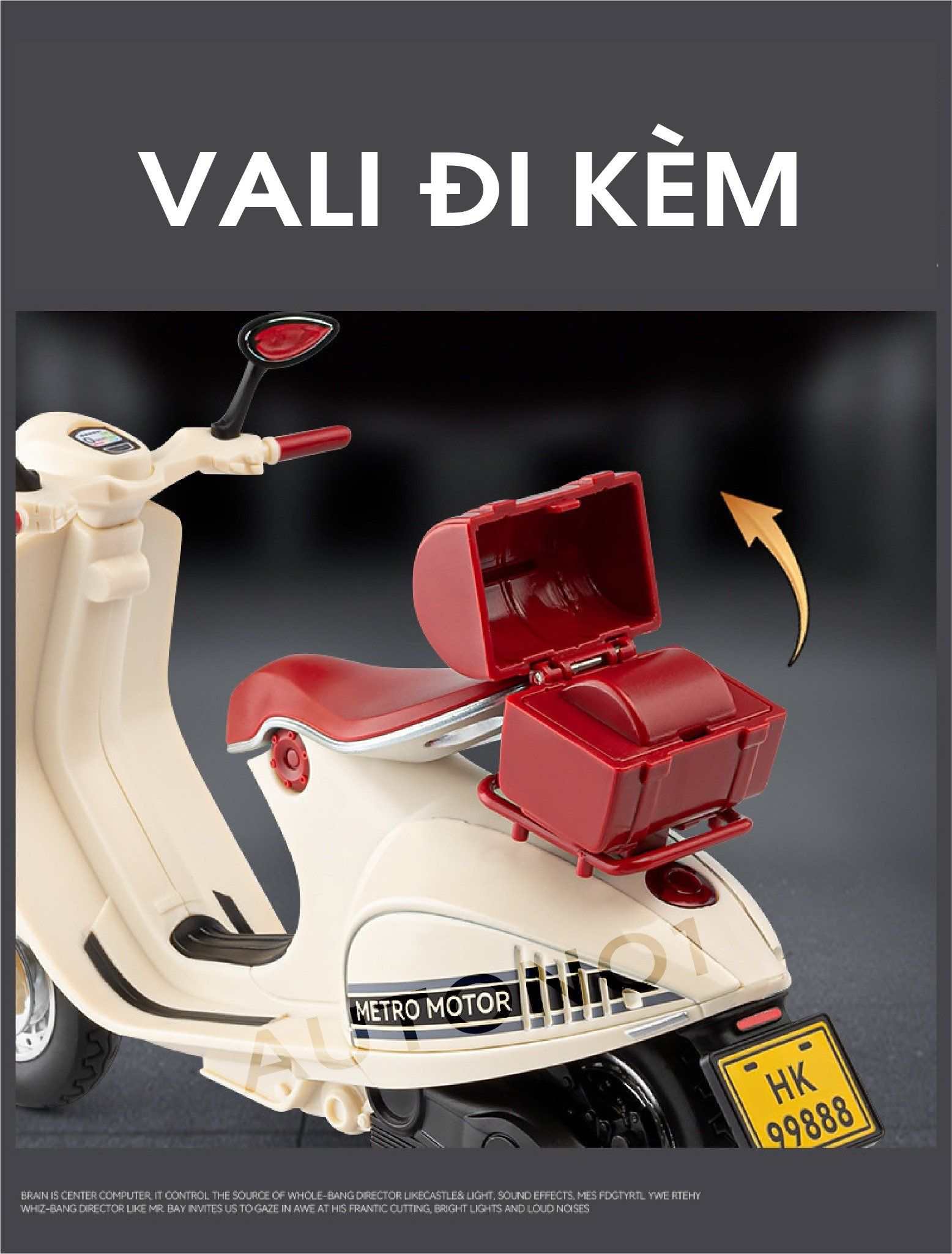 Mô hình xe Vespa 946 có đế - âm thanh - đèn tỉ lệ 1:12 Jiaye model MT12014