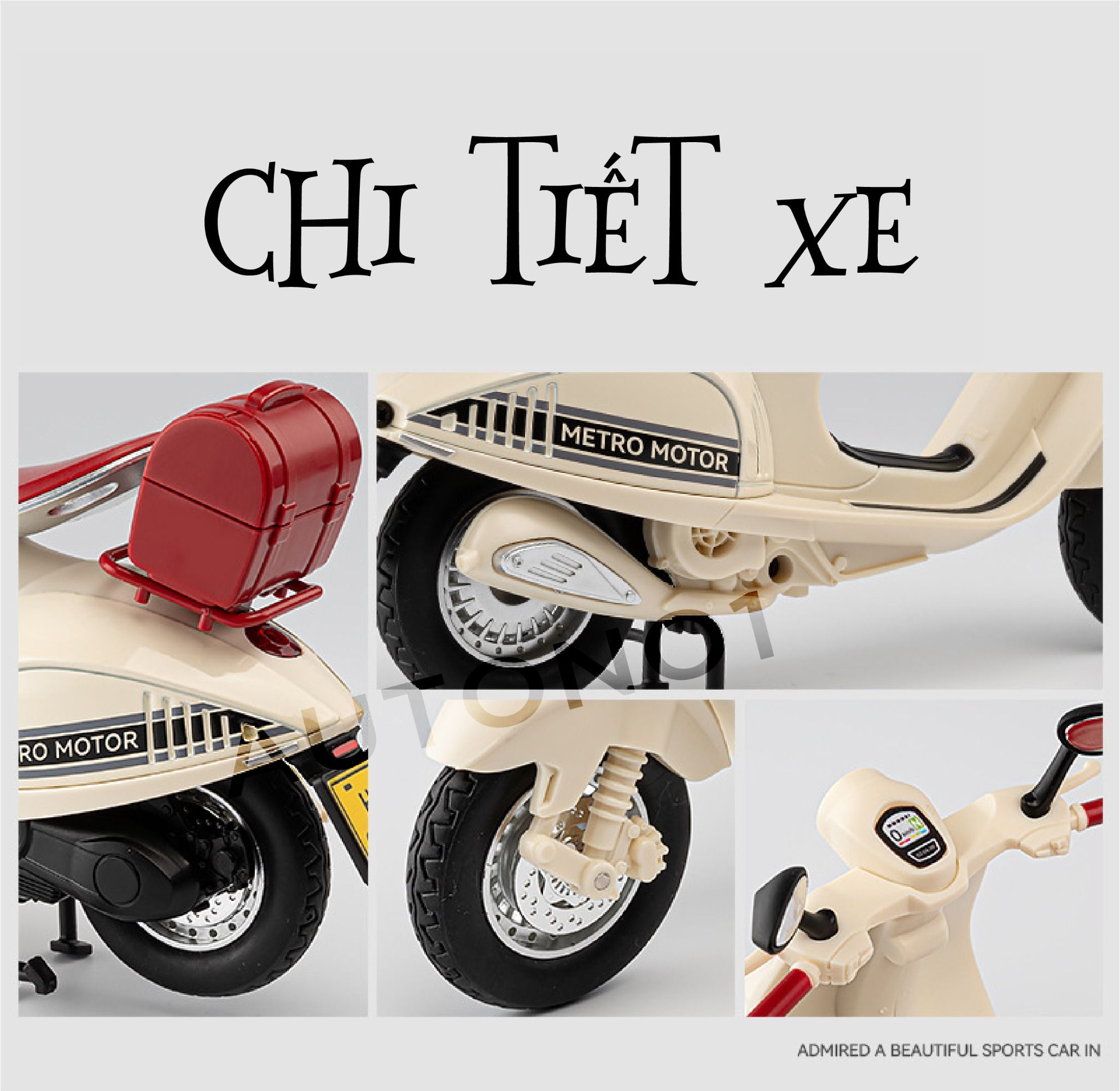 Mô hình xe Vespa 946 có đế - âm thanh - đèn tỉ lệ 1:12 Jiaye model MT12014