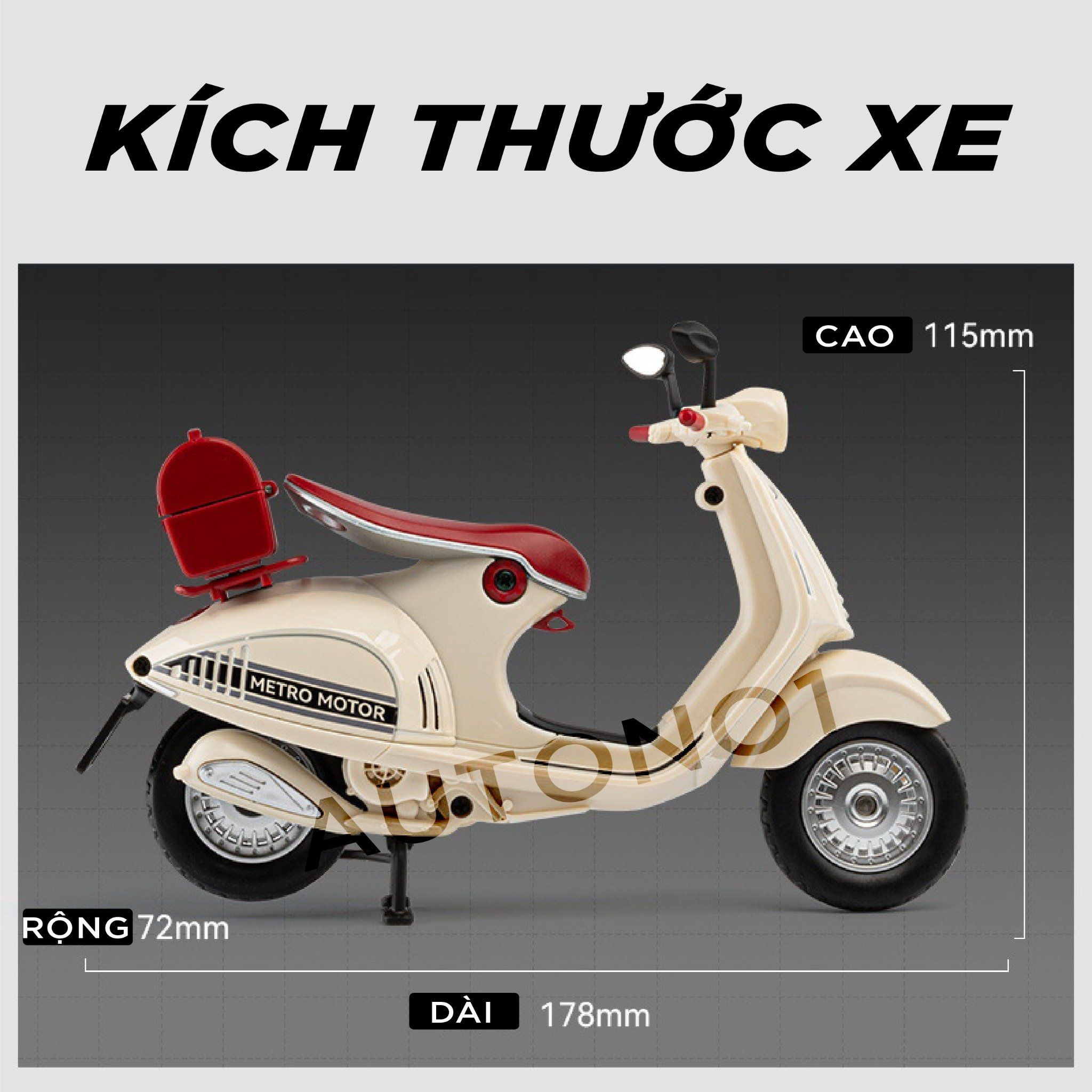 Mô hình xe Vespa 946 có đế - âm thanh - đèn tỉ lệ 1:12 Jiaye model MT12014