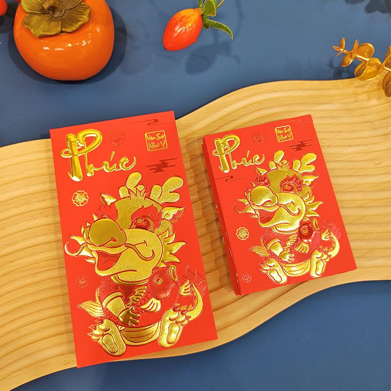 Combo bộ ngẫu nhiên 6 bao lì xì đỏ trang trí có hình rồng dễ thương nổi mạ vàng Chúc tết 2024 kích thước 9x17cm Autono1 LX006