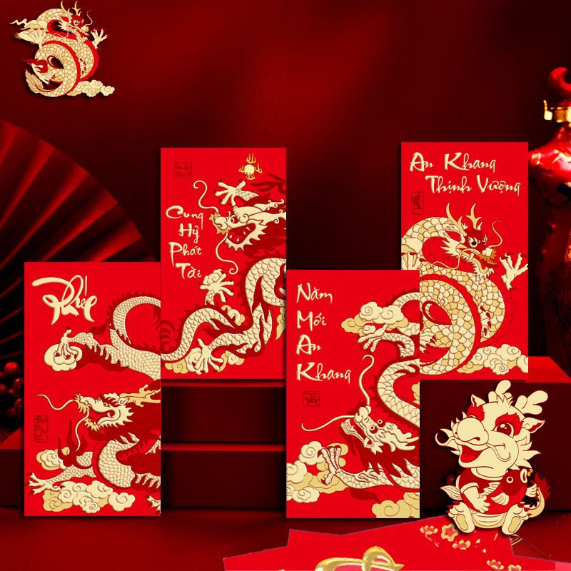 Combo bộ ngẫu nhiên 6 bao lì xì đỏ trang trí có hình rồng dễ thương nổi mạ vàng Chúc tết 2024 kích thước 9x17cm Autono1 LX006